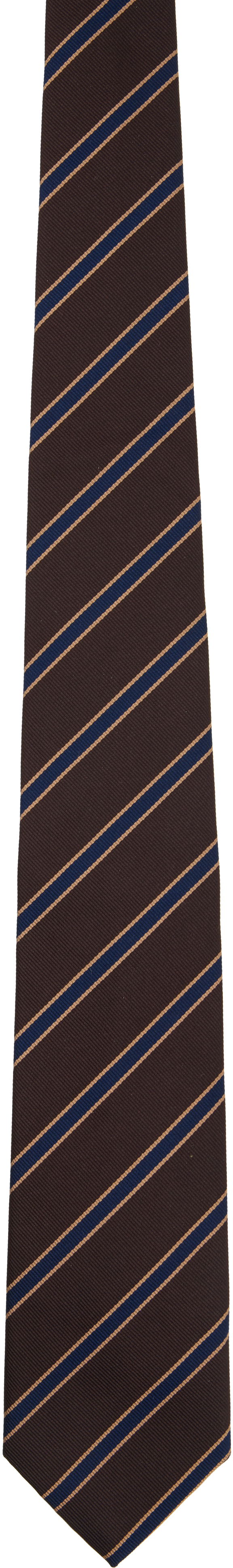 AURALEE: Brown & Blue Silk Stripe Tie | SSENSE