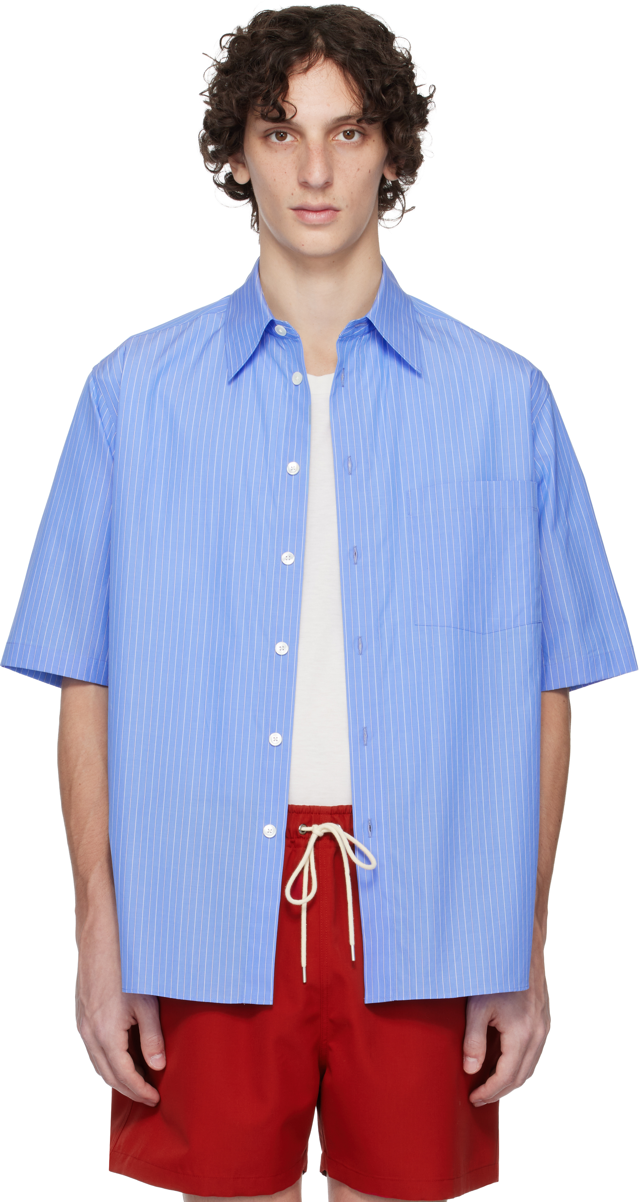 AURALEE: Blue Suvin High Count Cloth Stripe Shirt | SSENSE