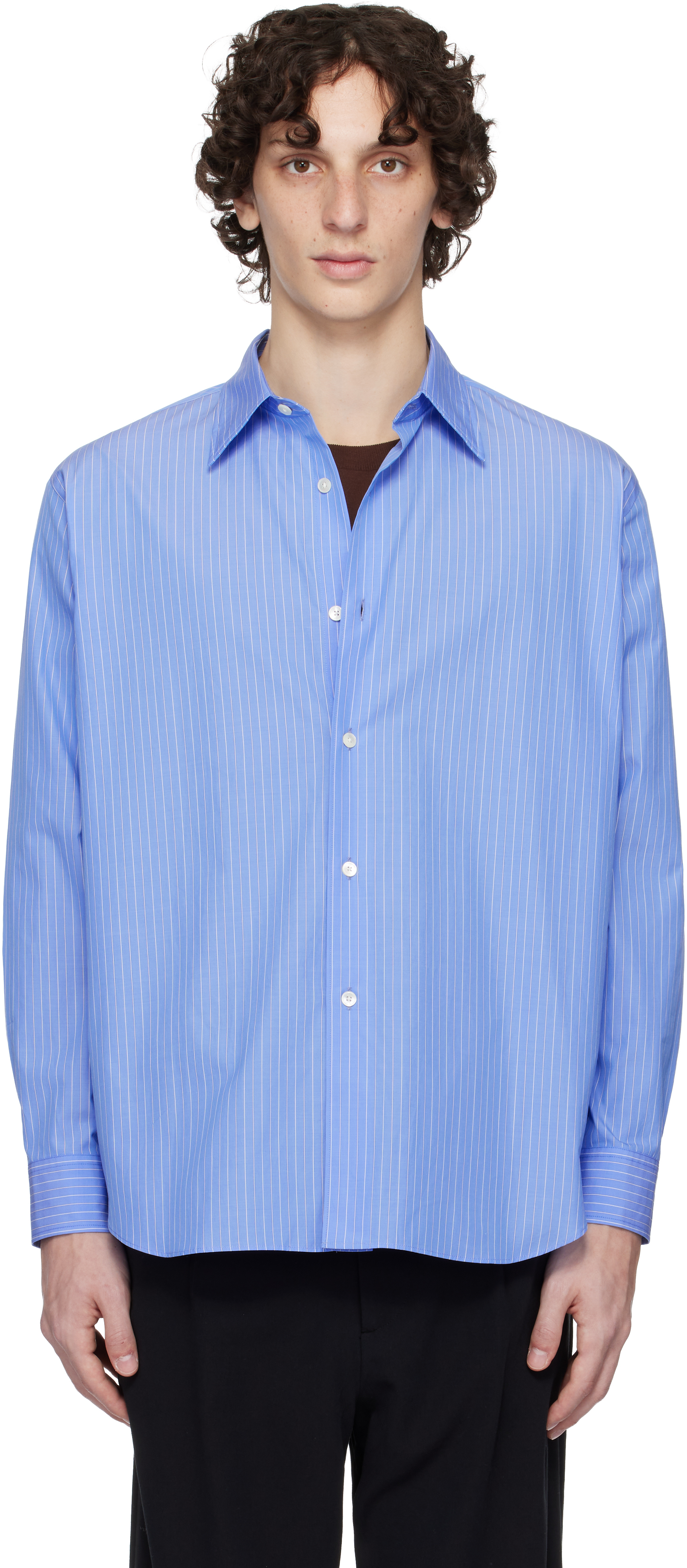 トップス AURALEE SUVIN HIGH COUNT STRIPE SHIRT AURALEE: Blue Suvin High Count Cloth Stripe Shirt | SSENSE
