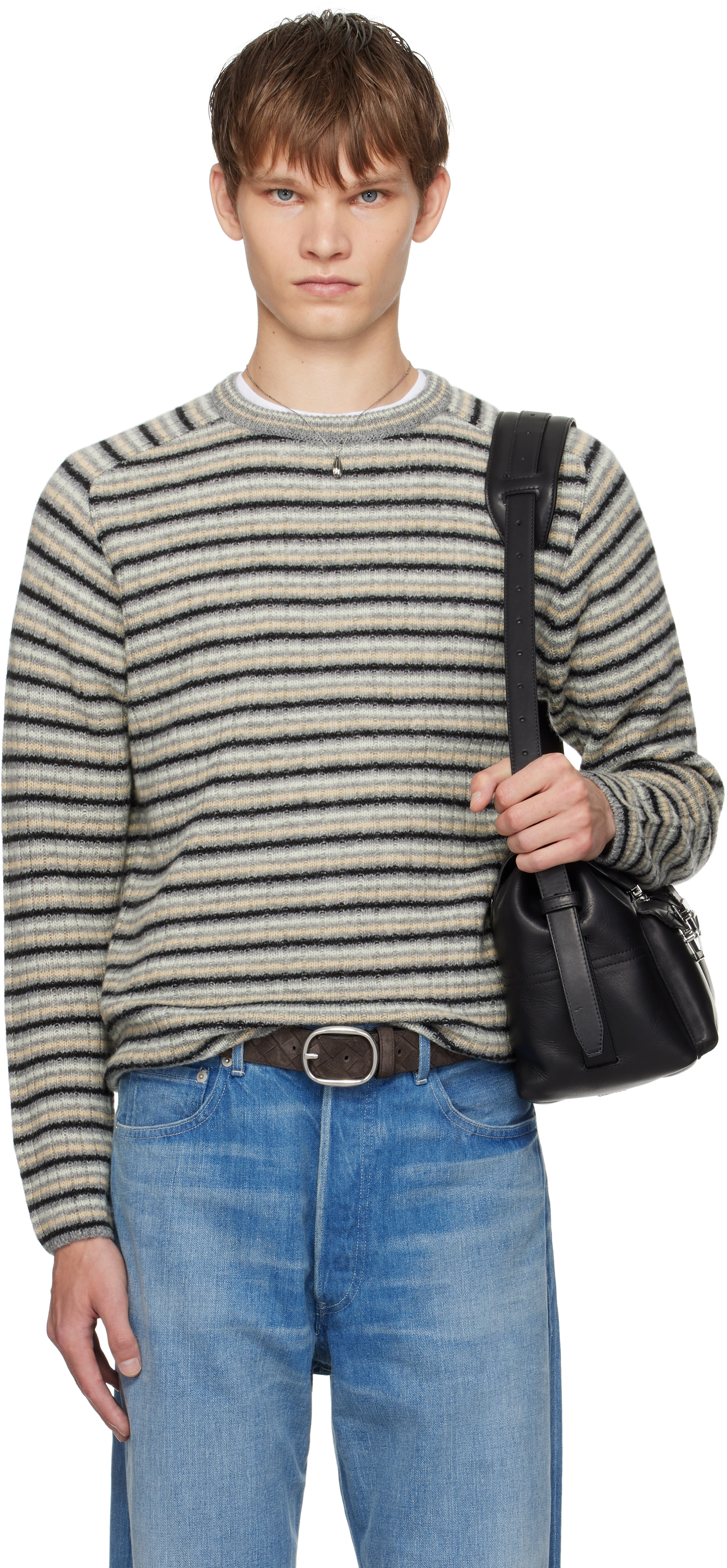 Auralee Gray Shetland Wool Cashmere Rib Knit Sweater In Multi
