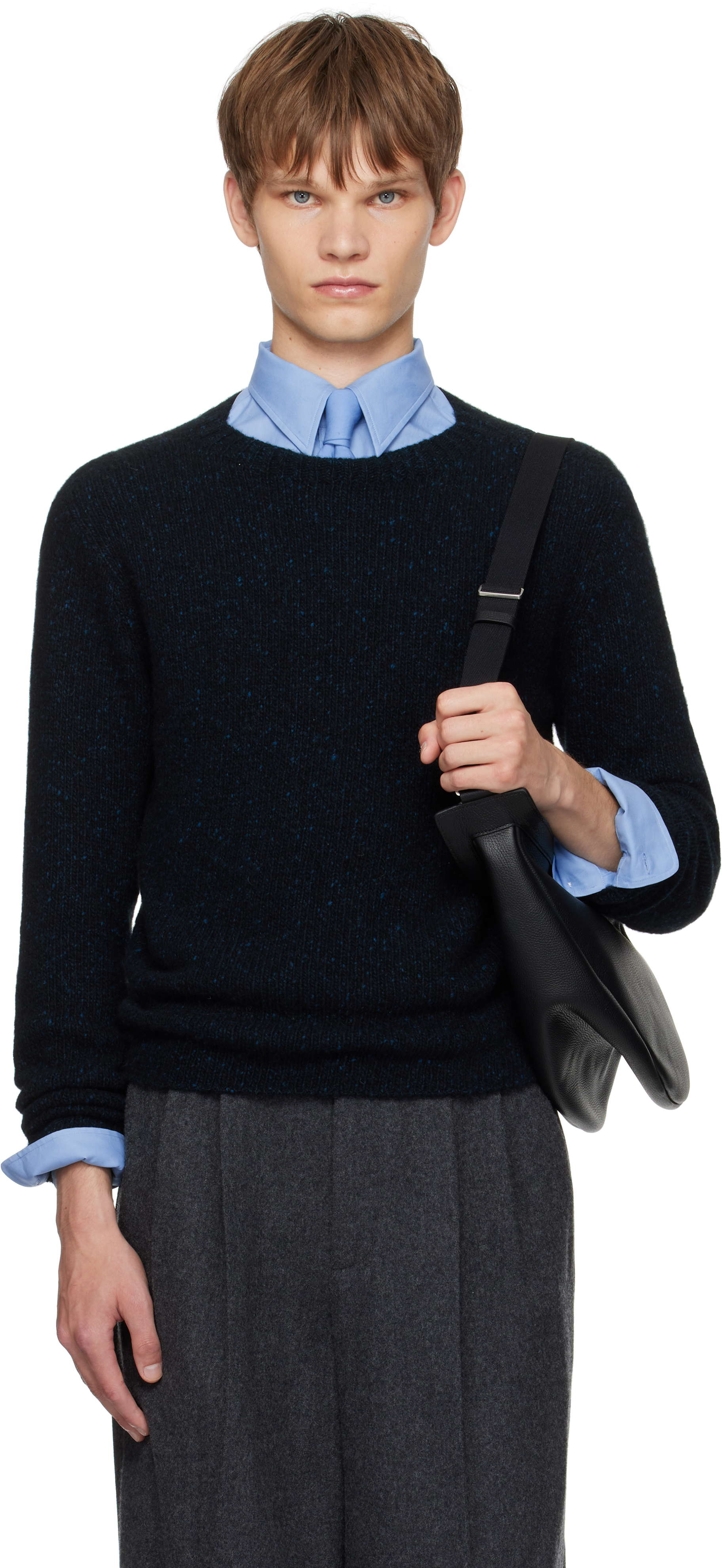 Auralee Navy Cashmere Melange Knit Sweater In Black