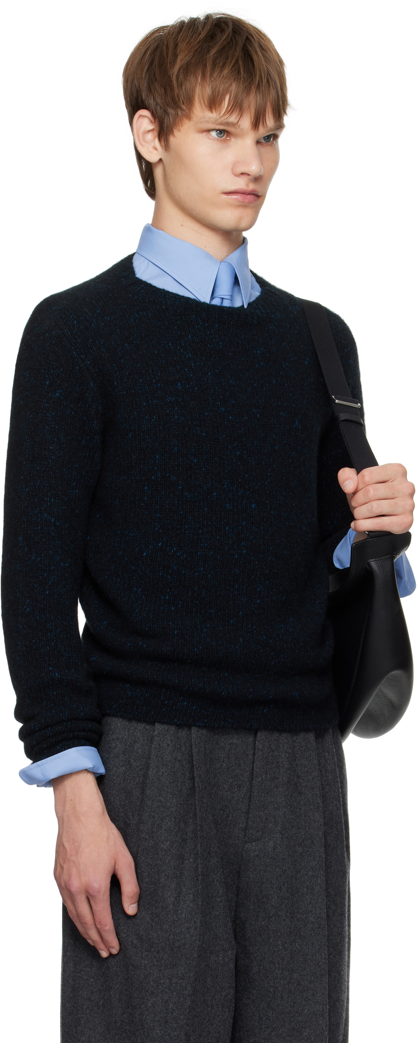 Auralee Navy Cashmere Melange Knit Sweater In Black