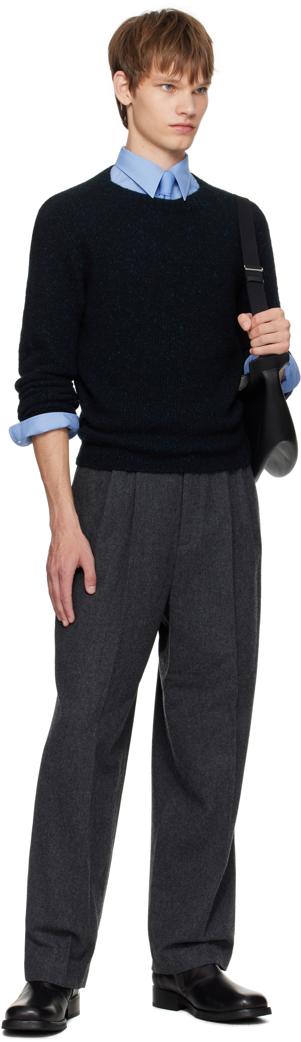 Auralee Navy Cashmere Melange Knit Sweater In Black