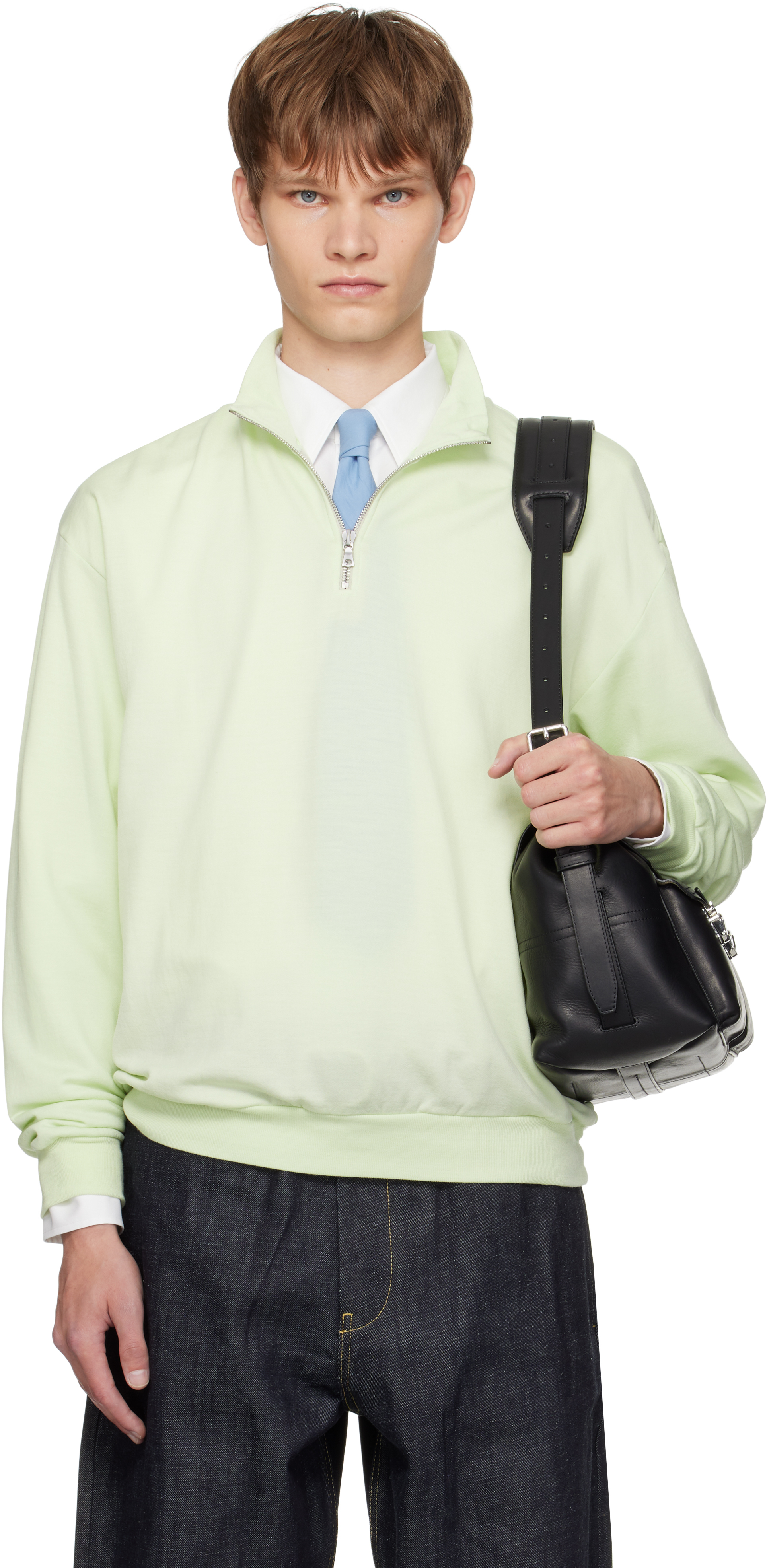 AURALEE: グリーン Light Wool Sweat ハーフジップ スウェット