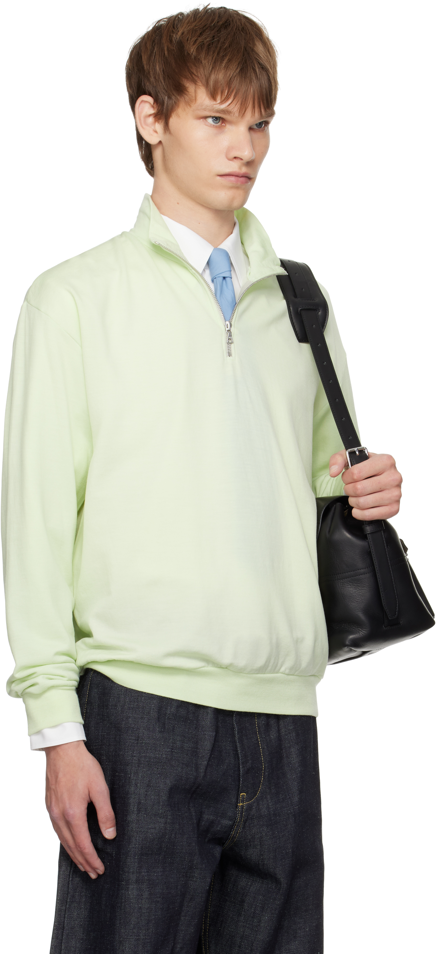 Auralee Green Light Wool Sweat Half Zip Sweatshirt In Green