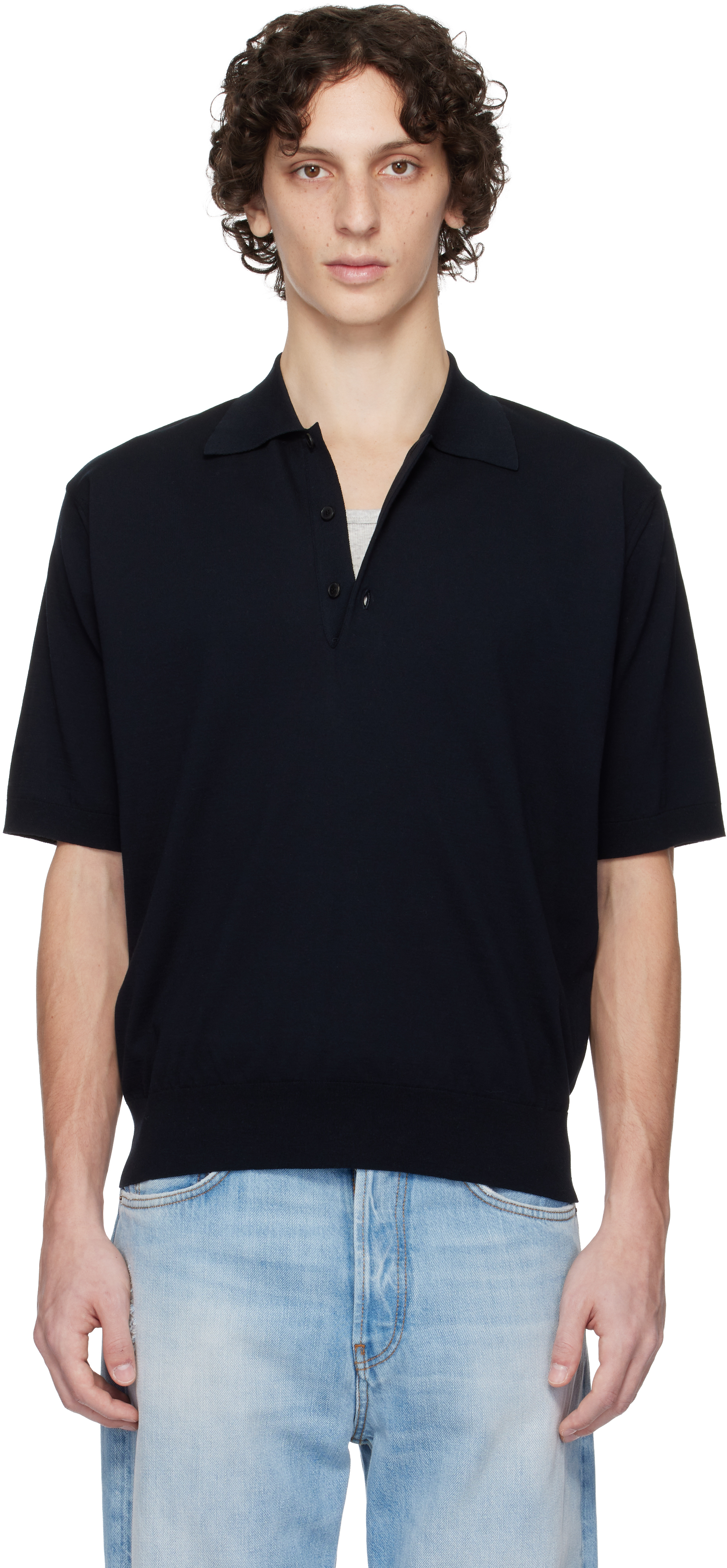 Navy Super High Gauge Cotton Knit Polo