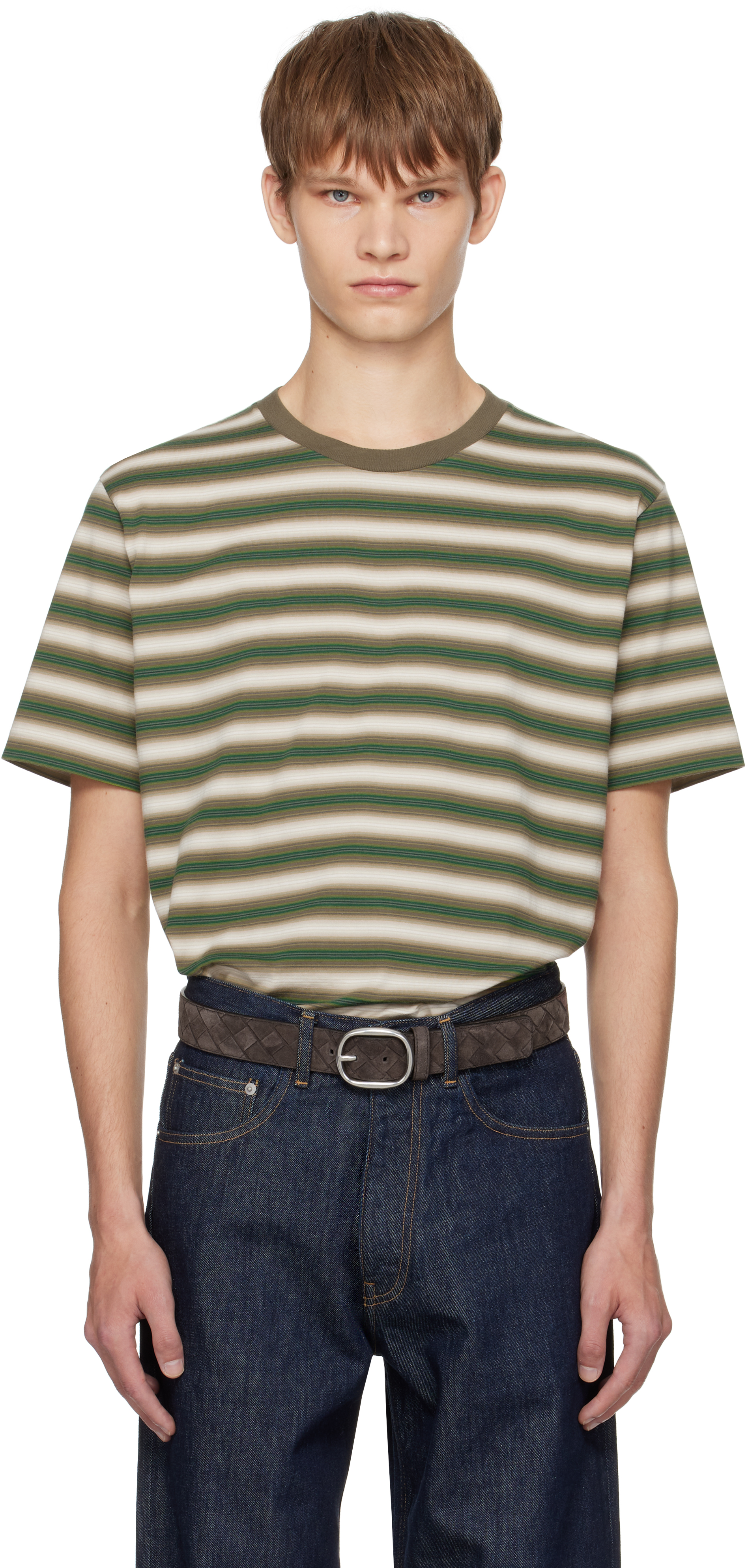 AURALEE: Brown & Green Gradient Stripe Jersey T-shirt | SSENSE