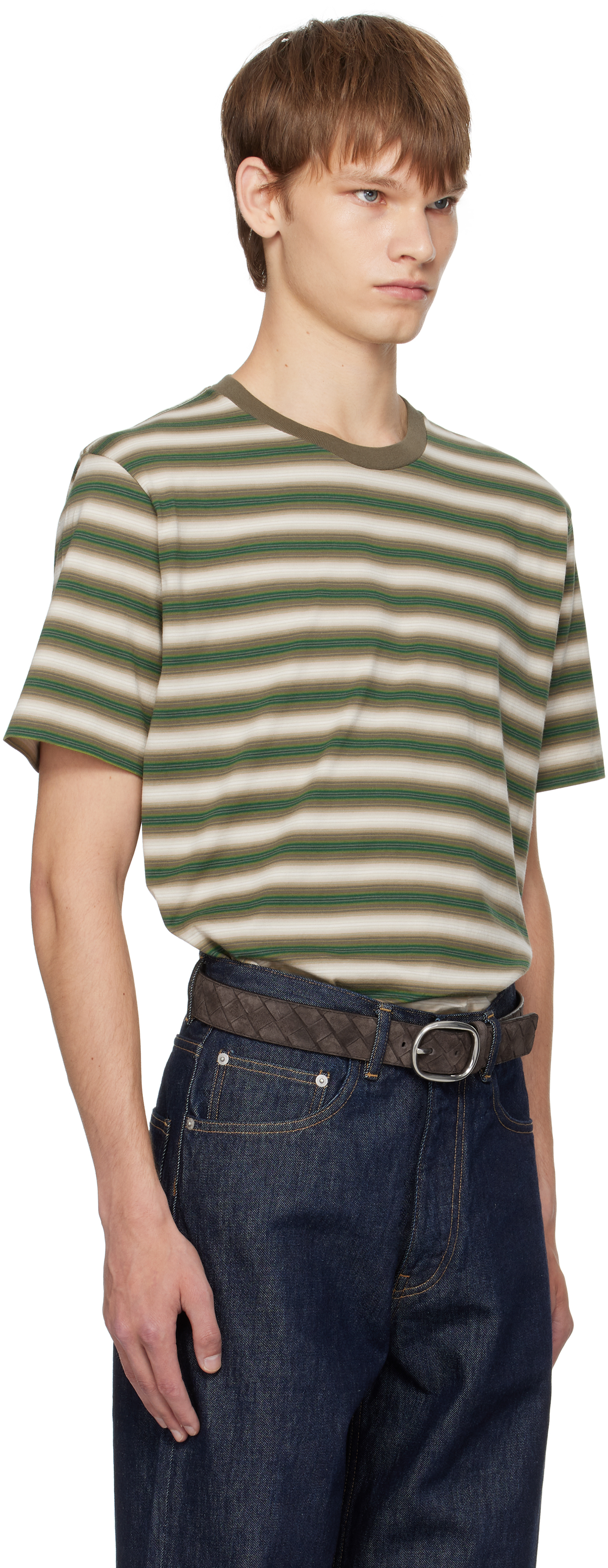 Auralee Striped Pattern Cotton T-shirt With Short Sleeves In Brown