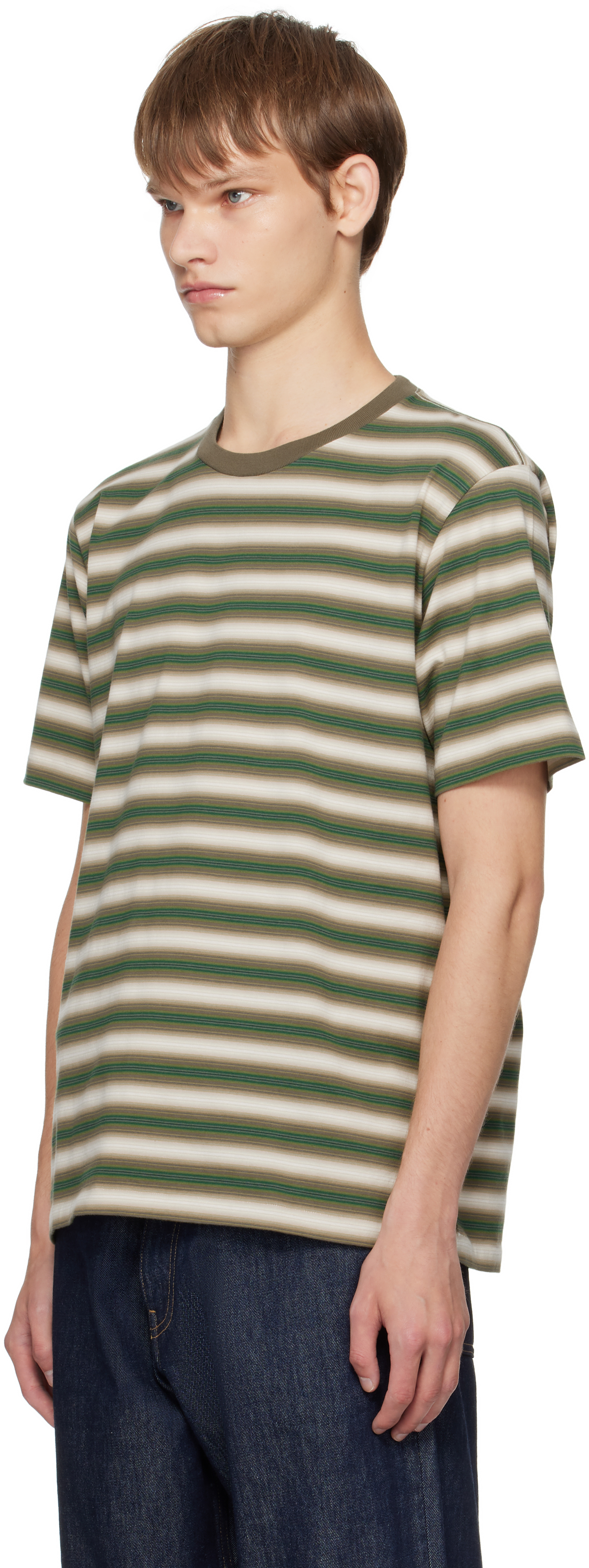 Auralee Striped Pattern Cotton T-shirt With Short Sleeves In Brown