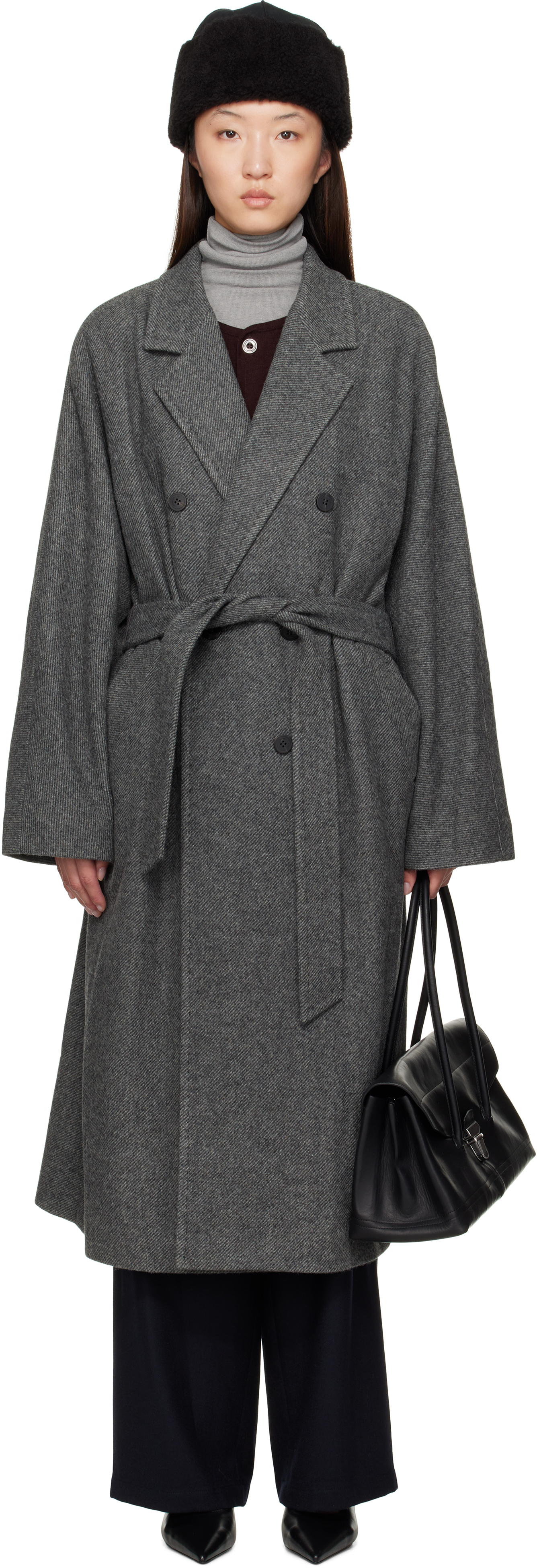 Gray Double-Breasted Belted Coat