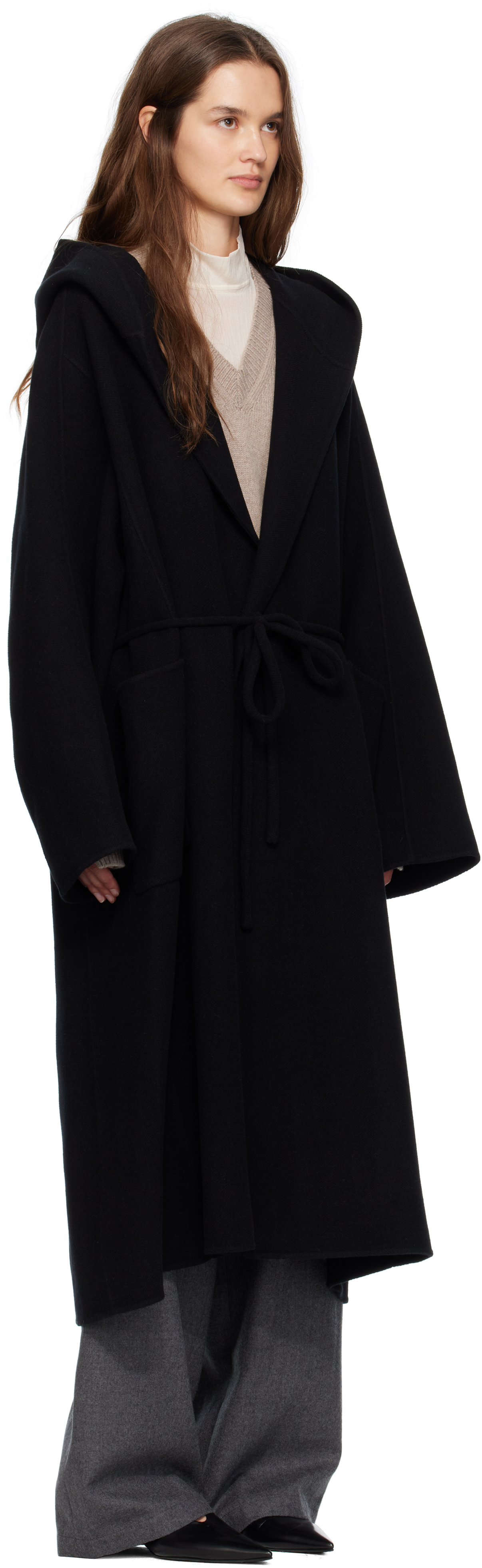 Le17septembre Black Hooded Long Coat In Black