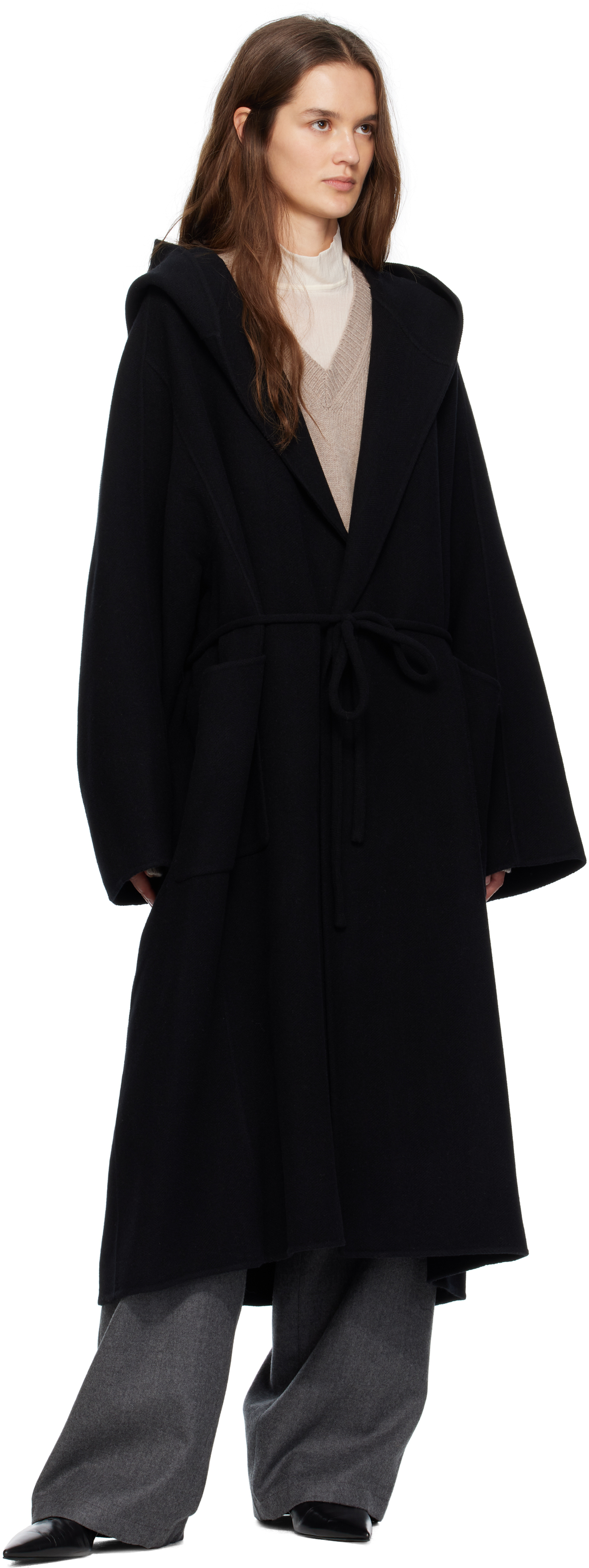 Le17septembre Black Hooded Long Coat In Black