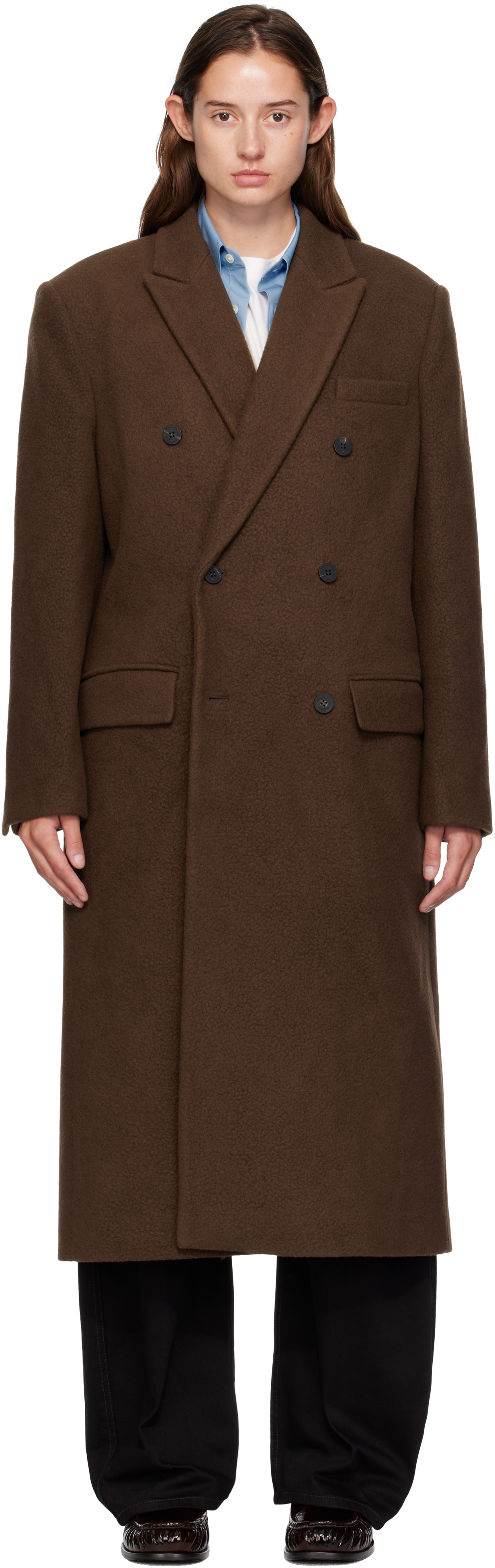 Le17septembre Brown Double Breasted Long Coat In Multi