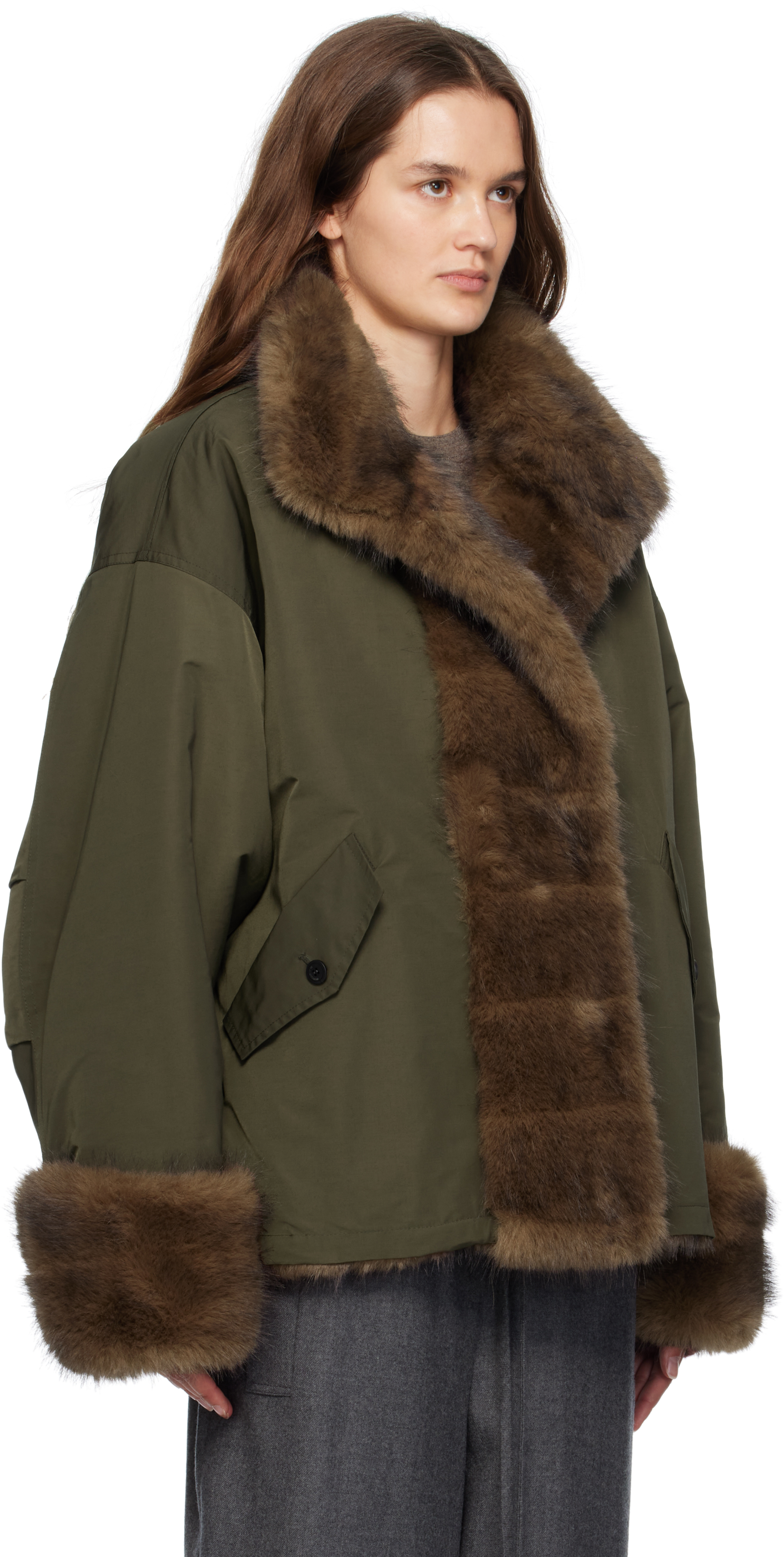 Le17septembre Khaki & Brown Horizontal Faux-fur Jacket In Green