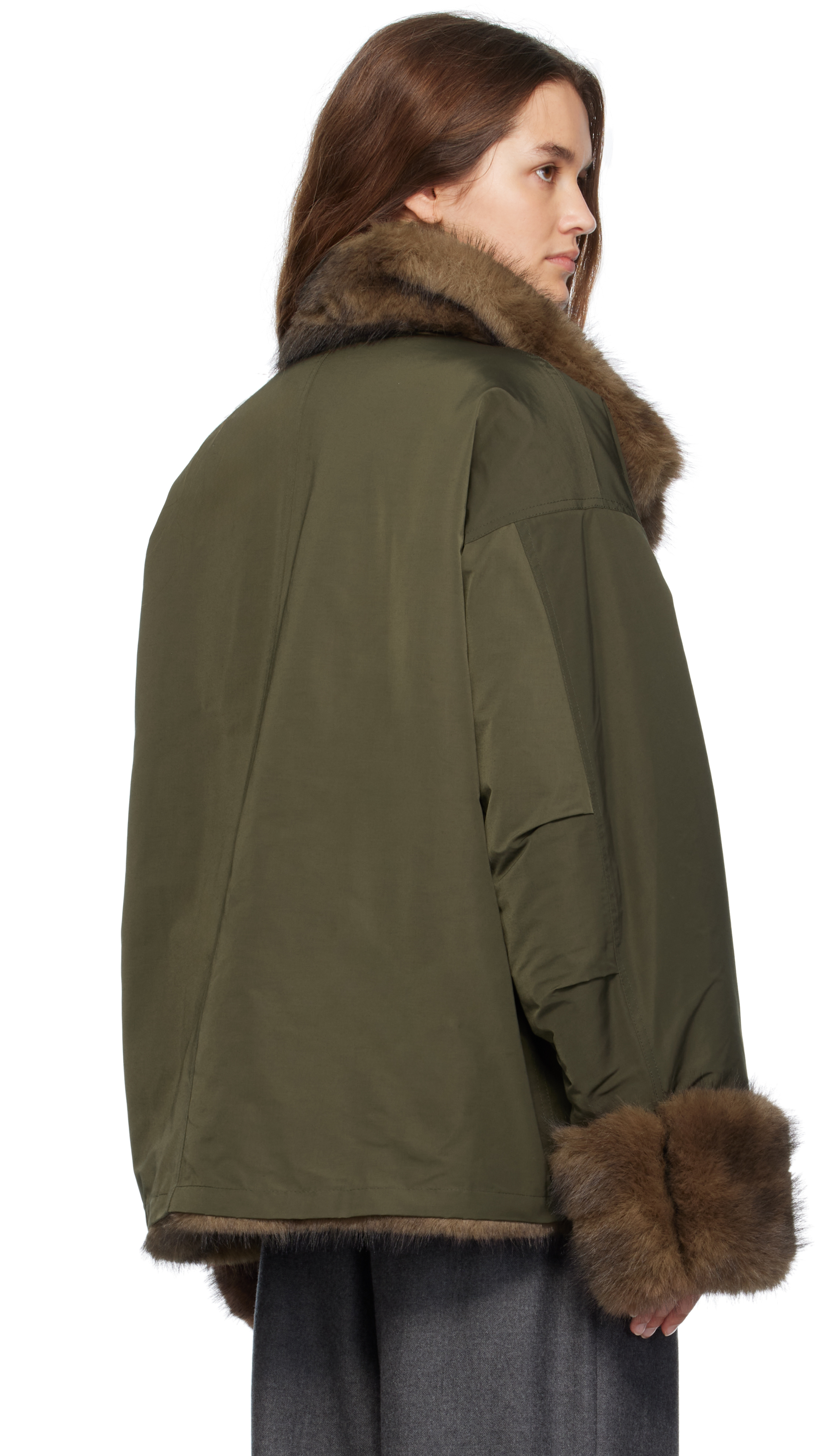 Le17septembre Khaki & Brown Horizontal Faux-fur Jacket In Green