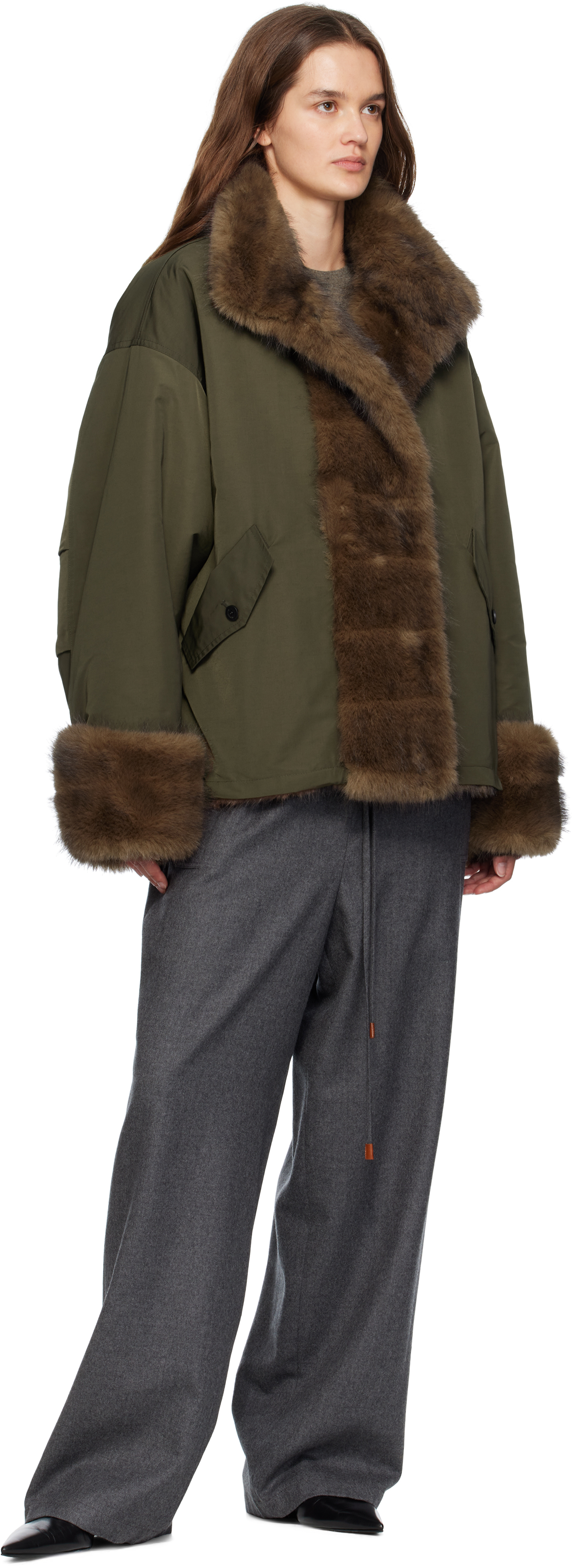 Le17septembre Khaki & Brown Horizontal Faux-fur Jacket In Green