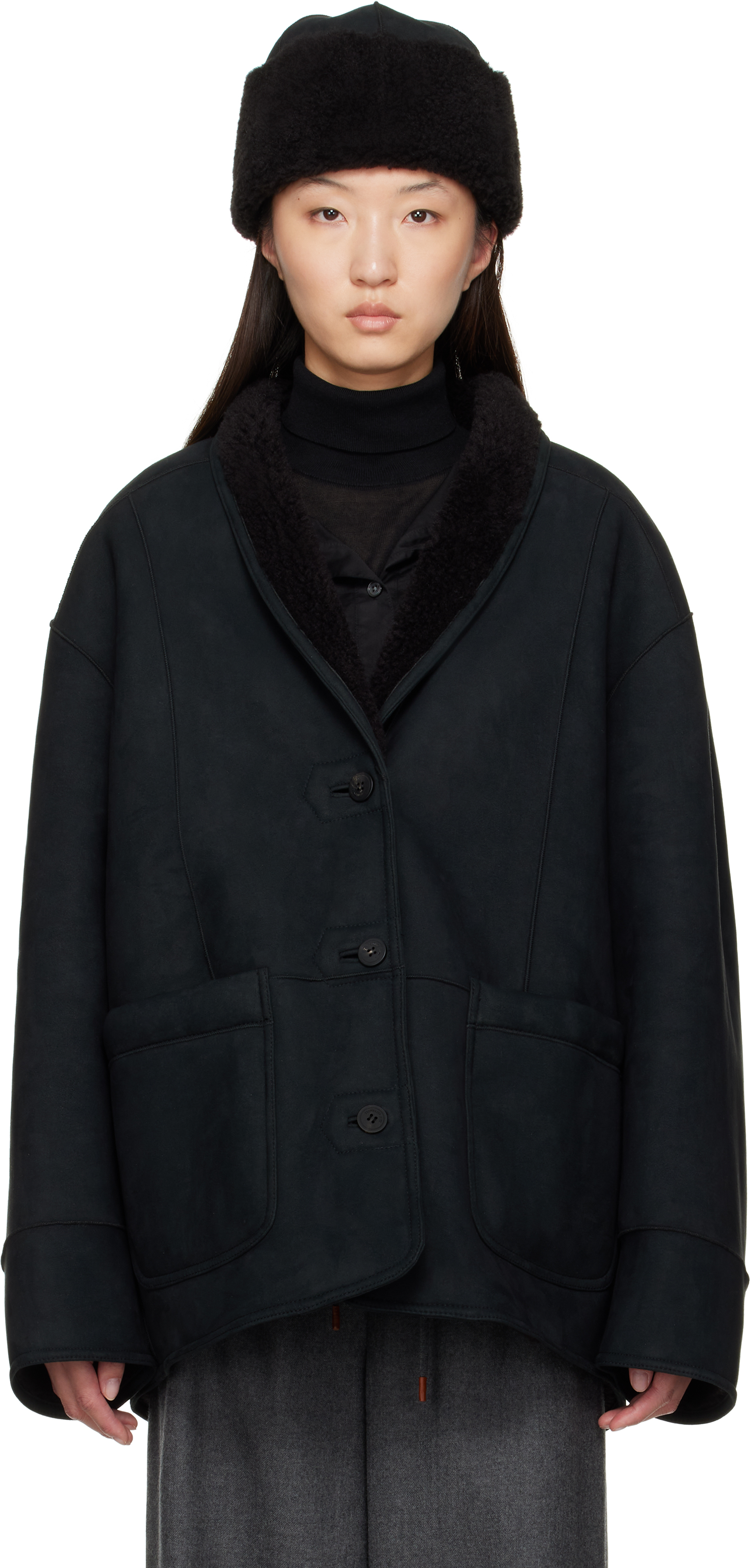 Black Shawl Collar Reversible Faux-Shearling Jacket