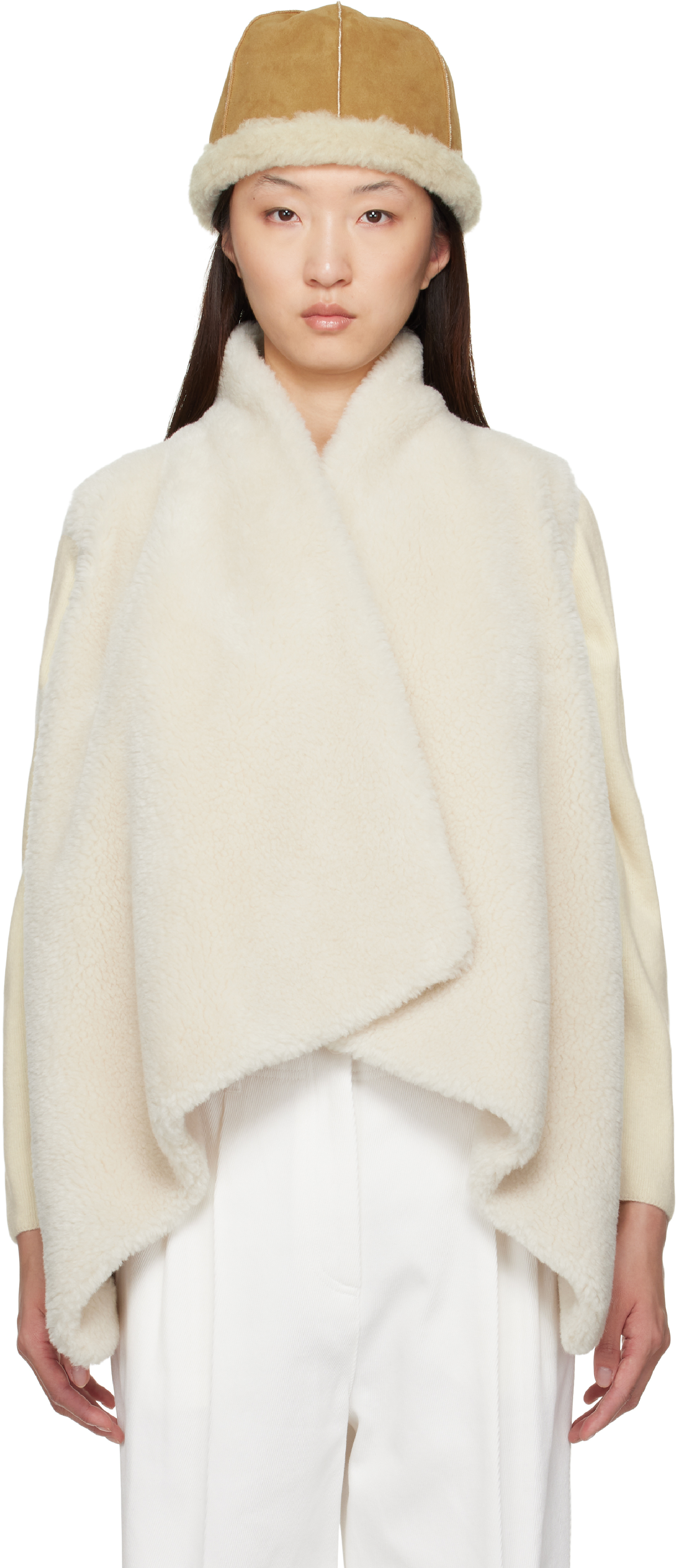 Beige Shawl Collar Faux-Shearling Vest