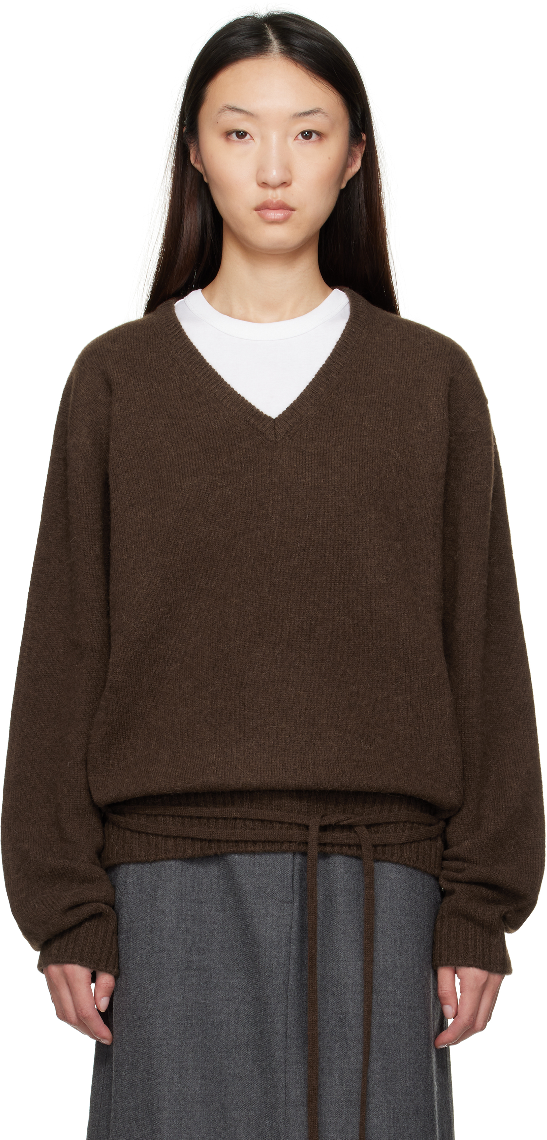 Brown Alpaca V-Neck Sweater