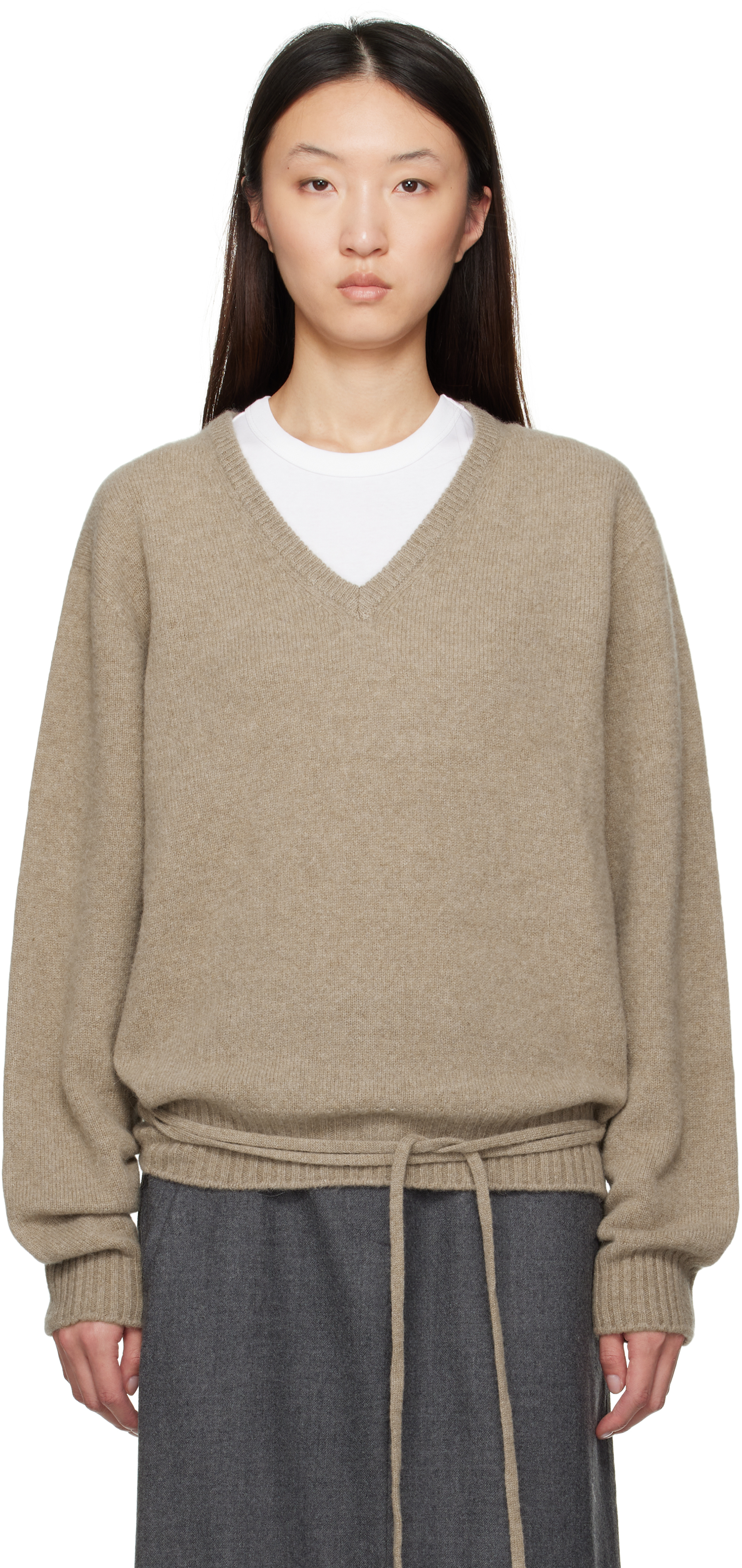 Taupe Alpaca V-Neck Sweater