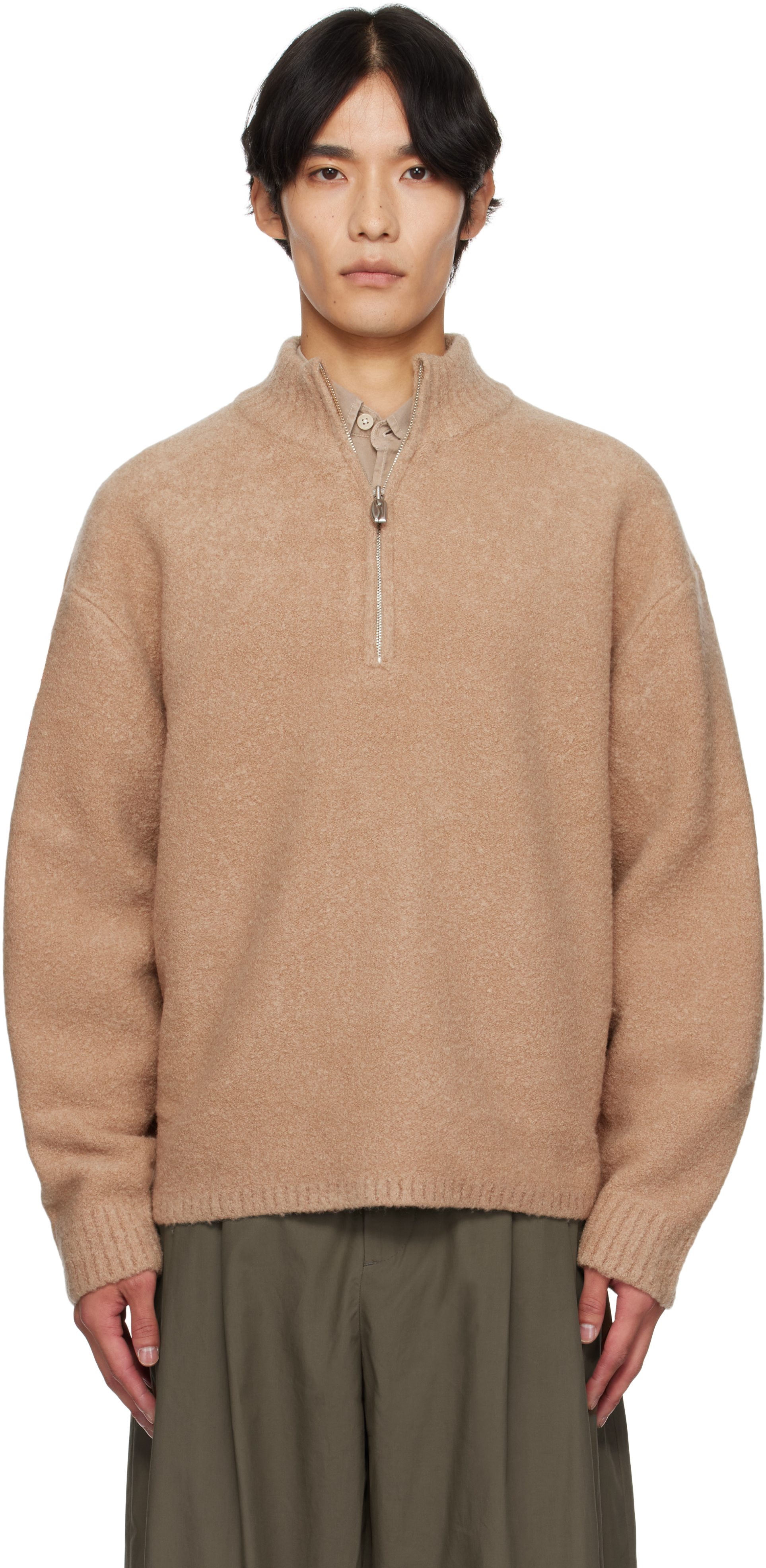 Le17septembre Tan Bouclé Half-zip Sweater In Brown