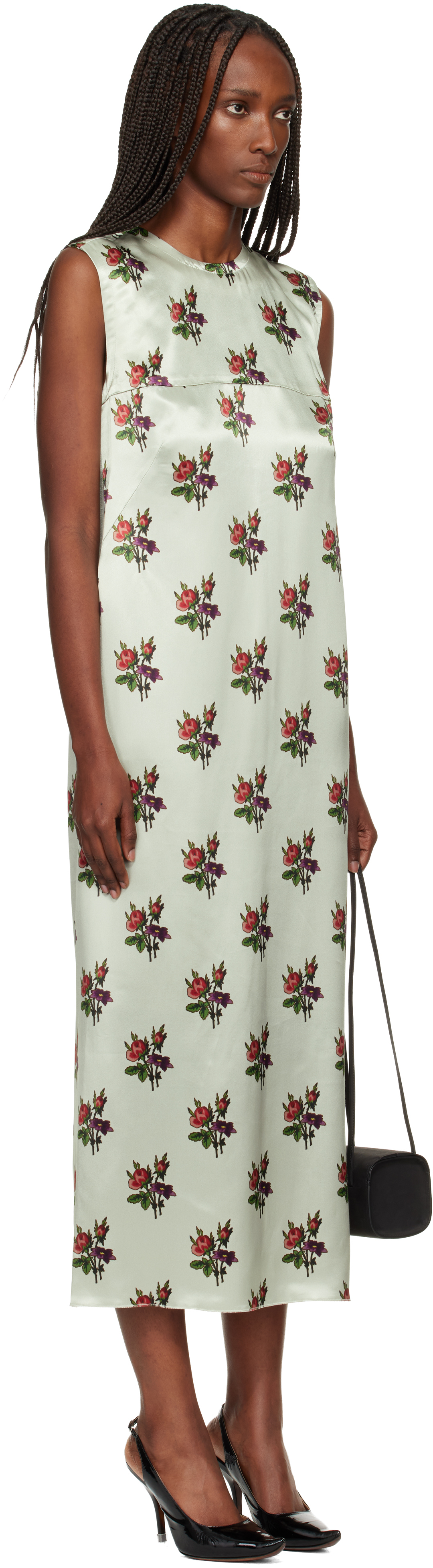 Meryll Rogge Green Floral Satin Shift Maxi Dress In Green