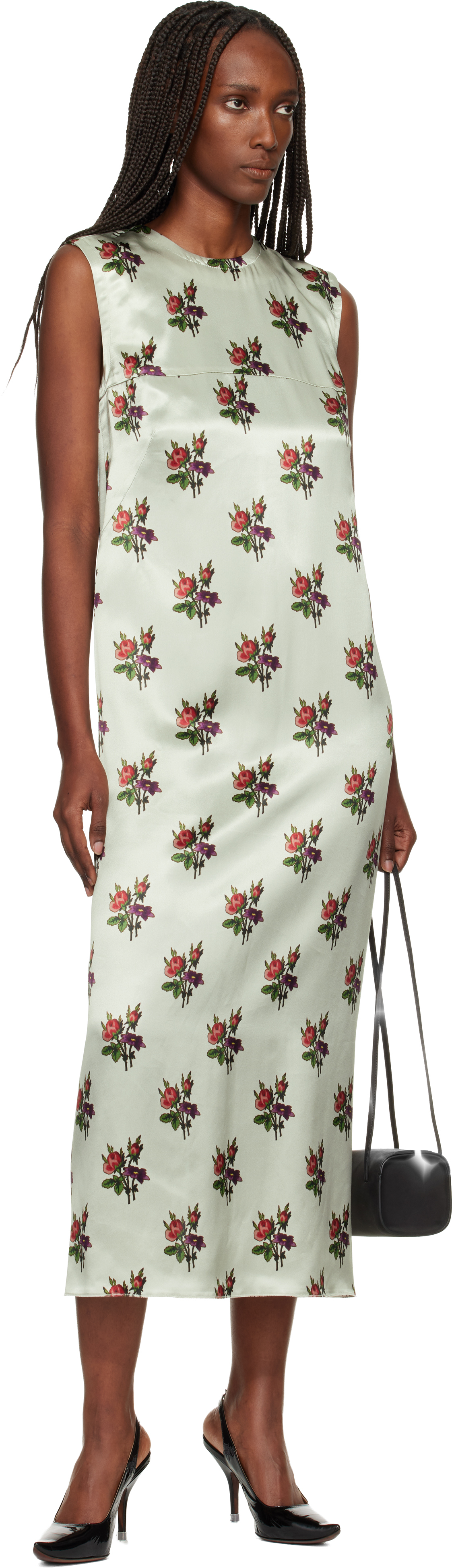 Meryll Rogge Green Floral Satin Shift Maxi Dress In Green