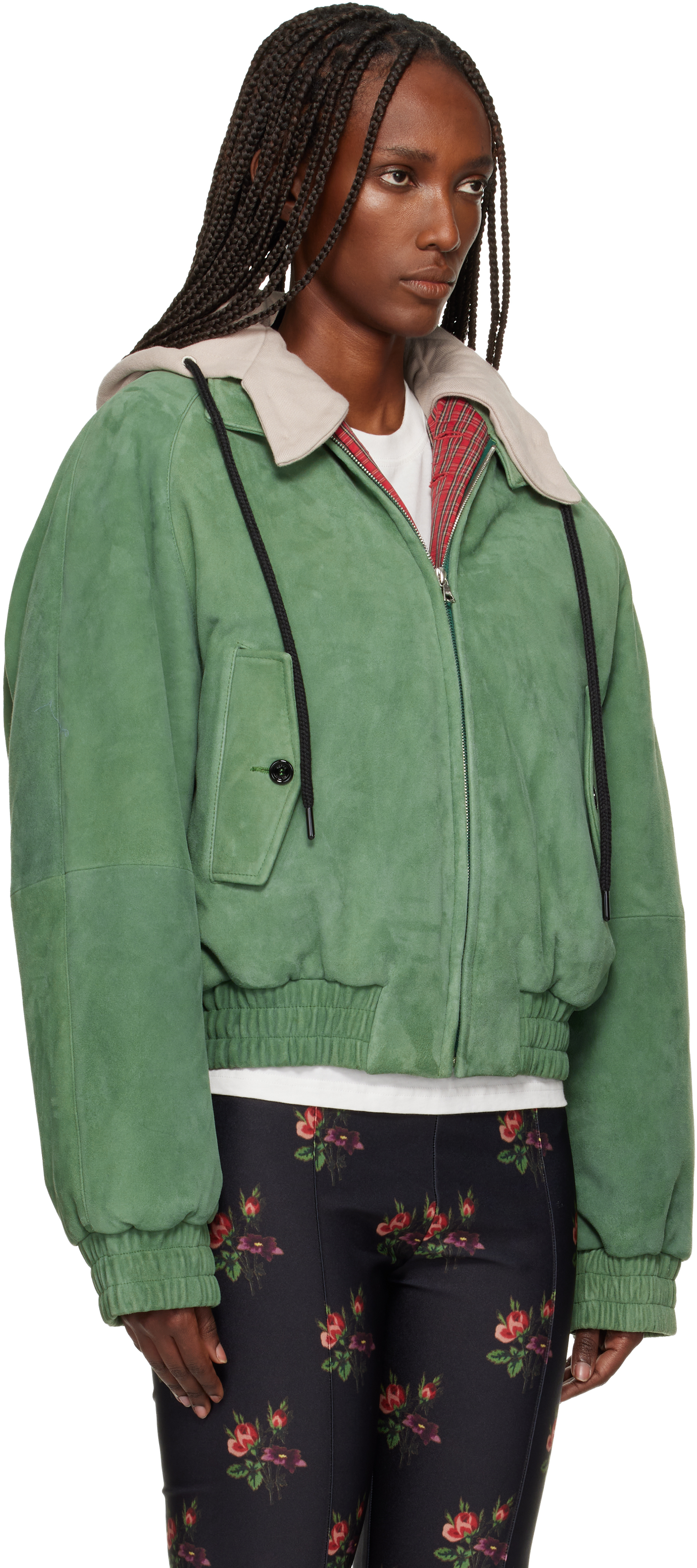 Meryll Rogge Green Detachable Hood Suede Bomber Jacket In Green
