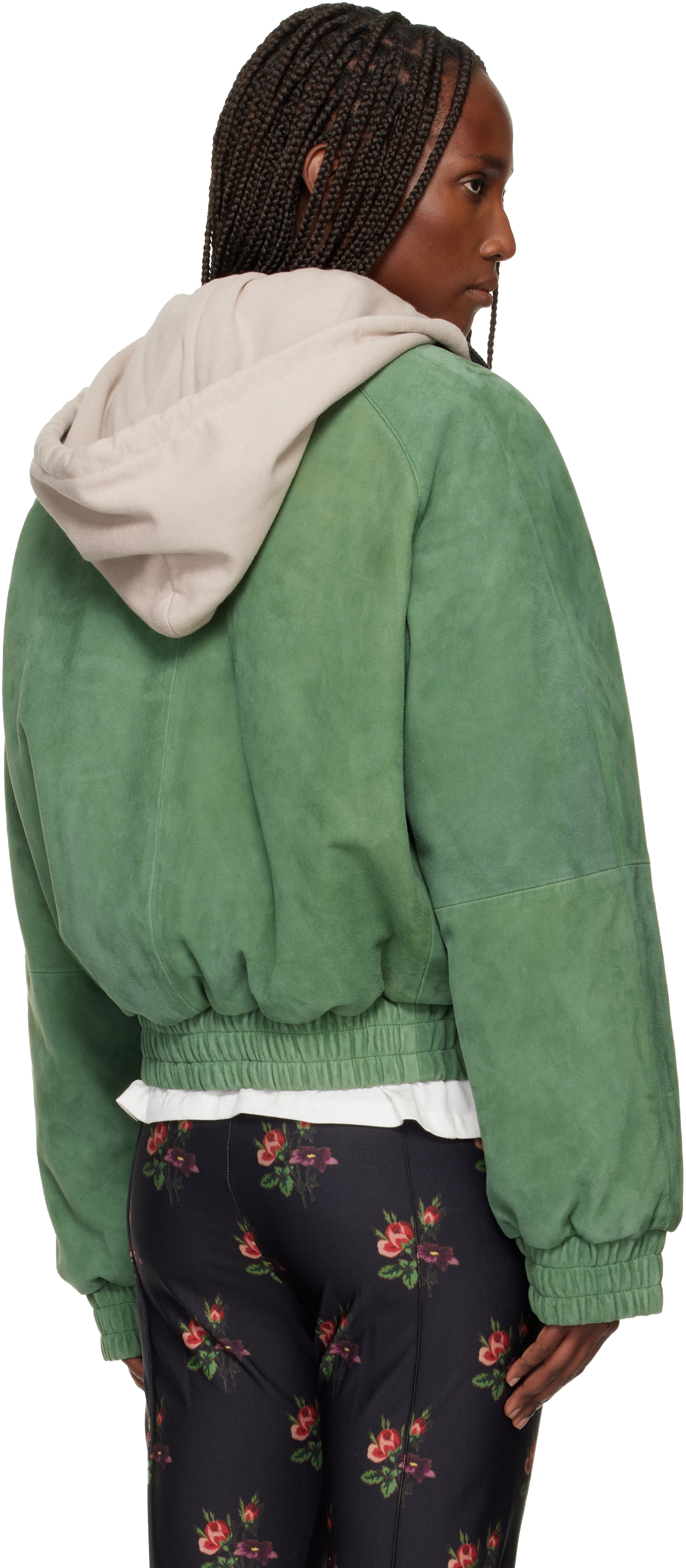 Meryll Rogge Green Detachable Hood Suede Bomber Jacket In Green
