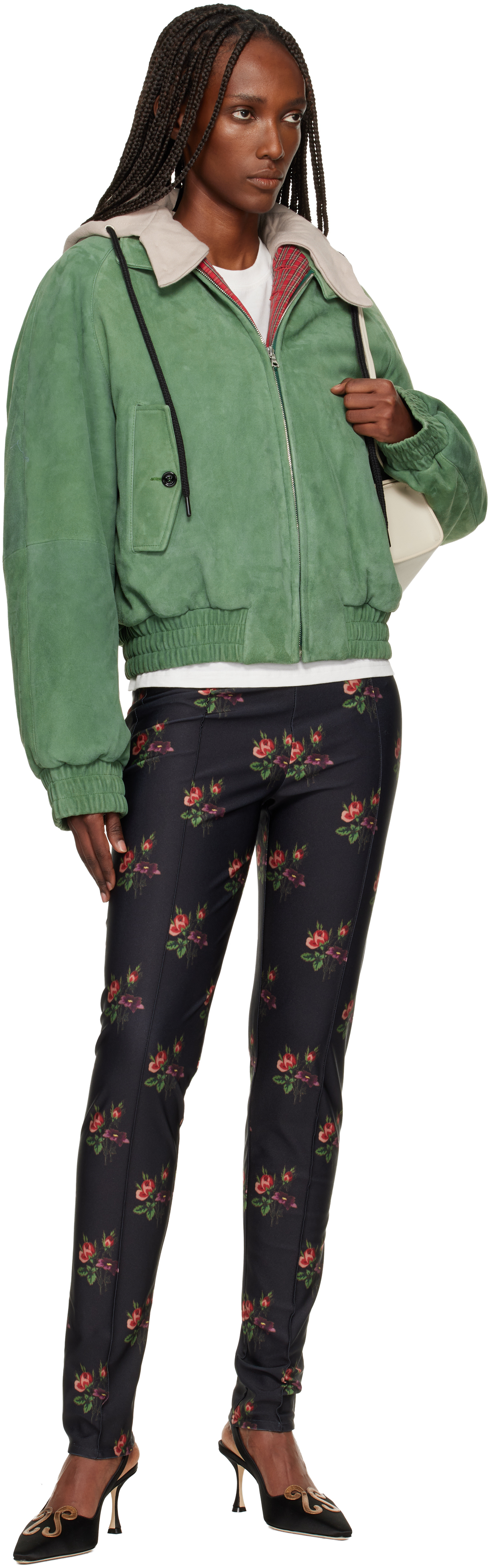 Meryll Rogge Green Detachable Hood Suede Bomber Jacket In Green