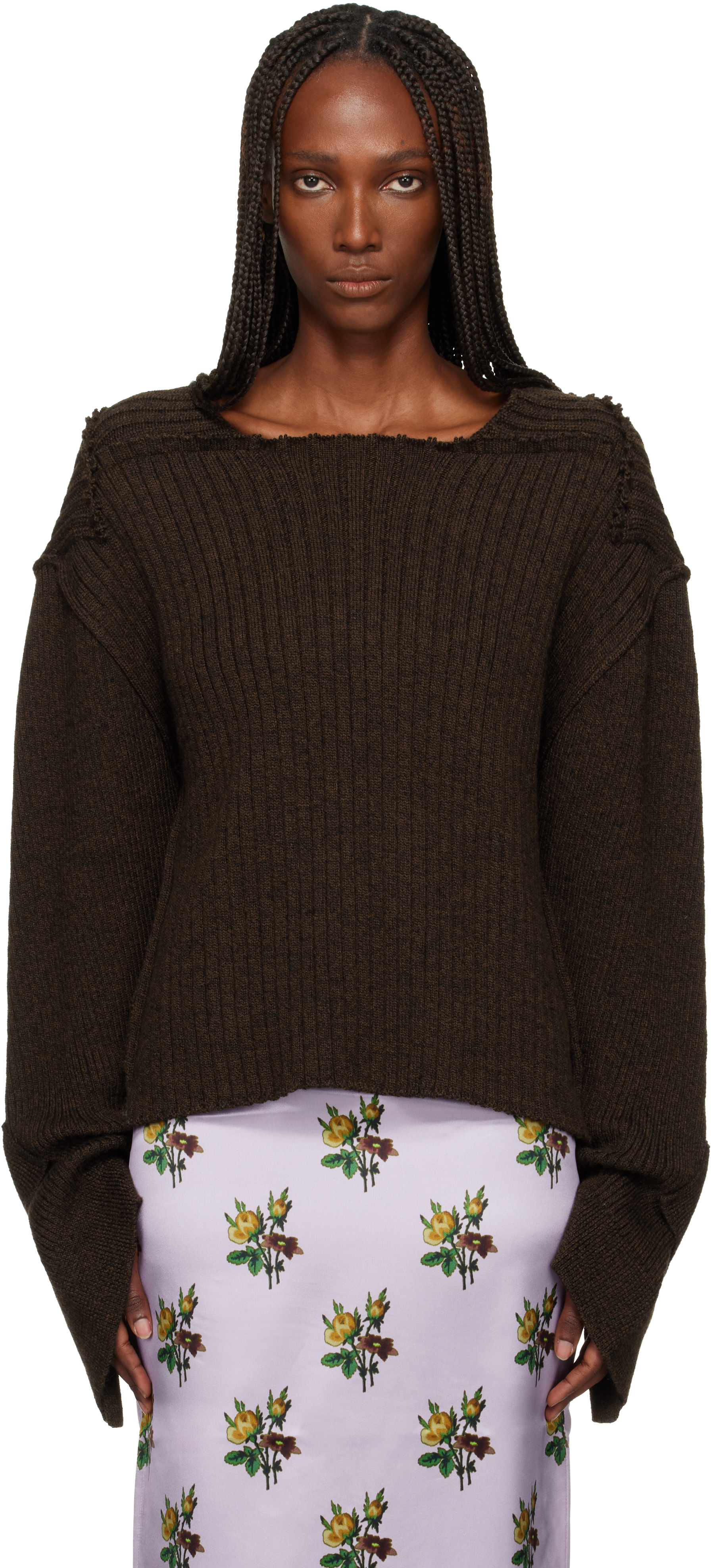 Meryll Rogge Brown Raw Edge Boat Neck Sweater In Brown