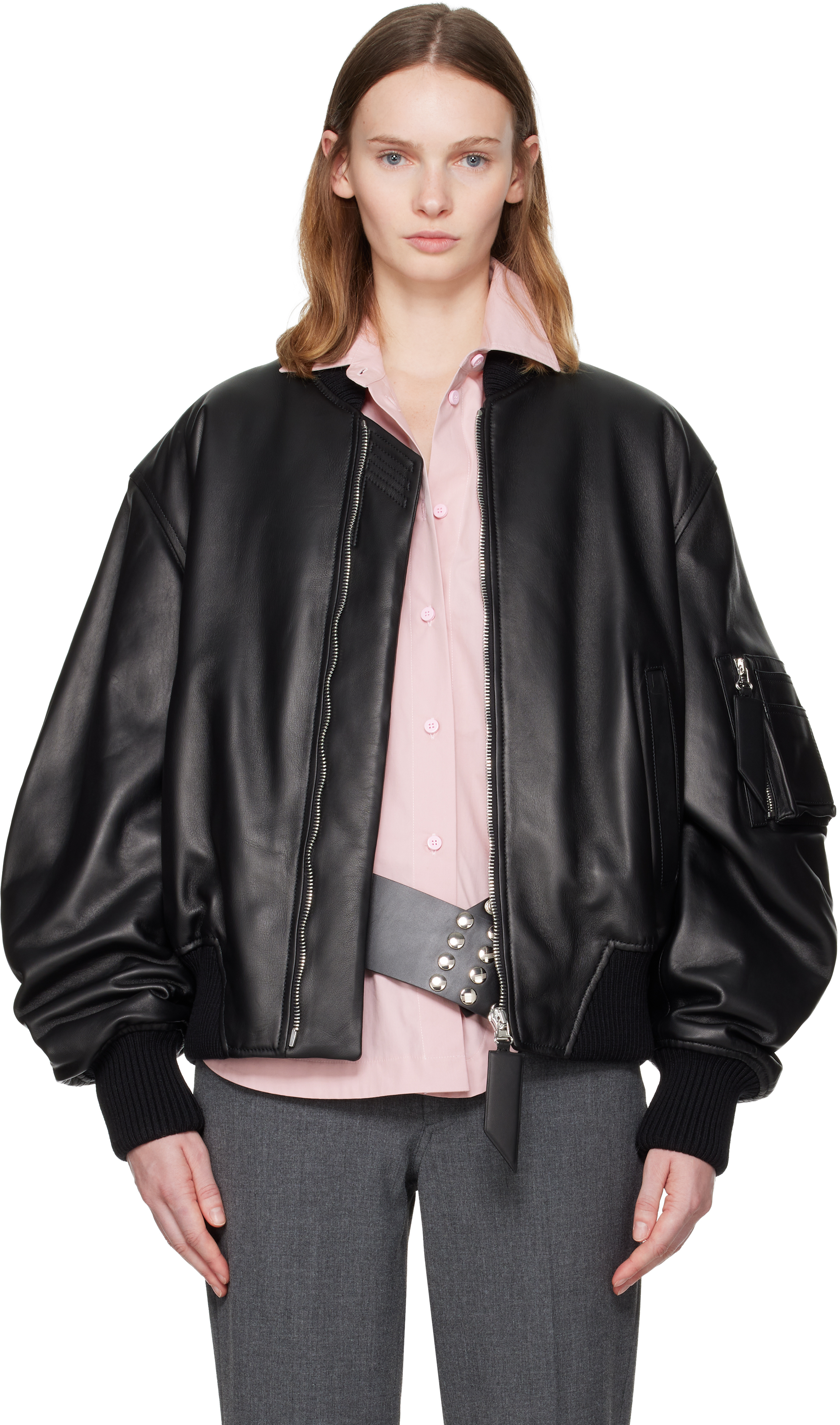 Attico Black Anja Leather Bomber Jacket