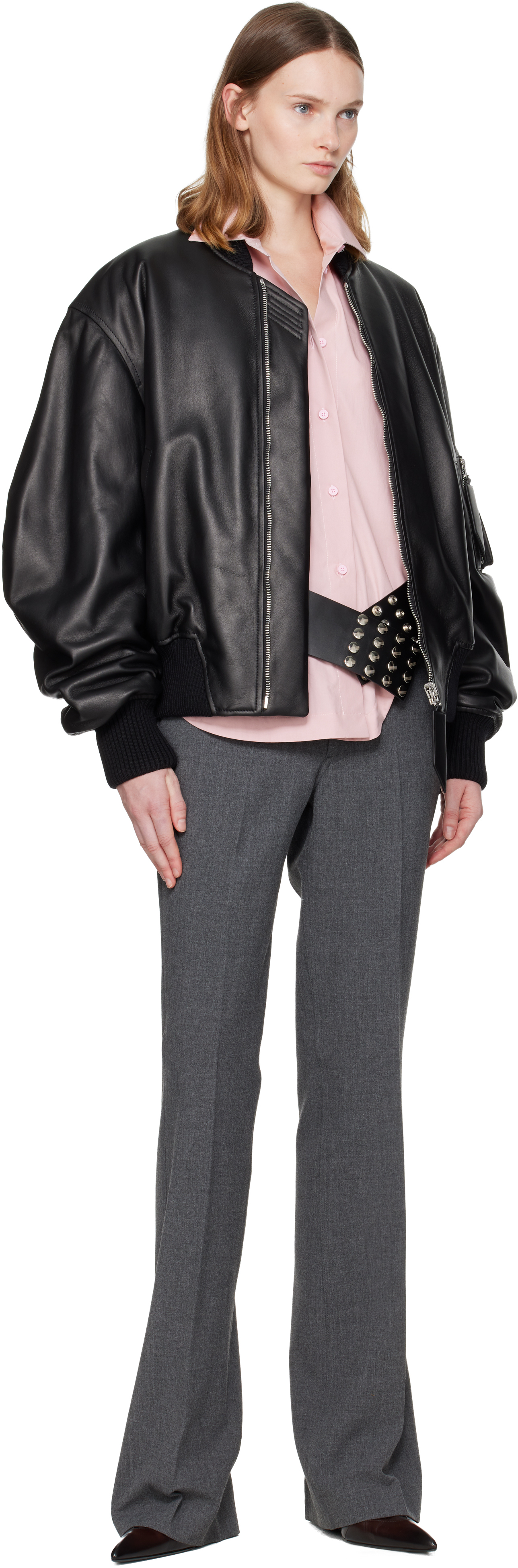 Attico Black Anja Leather Bomber Jacket In Black