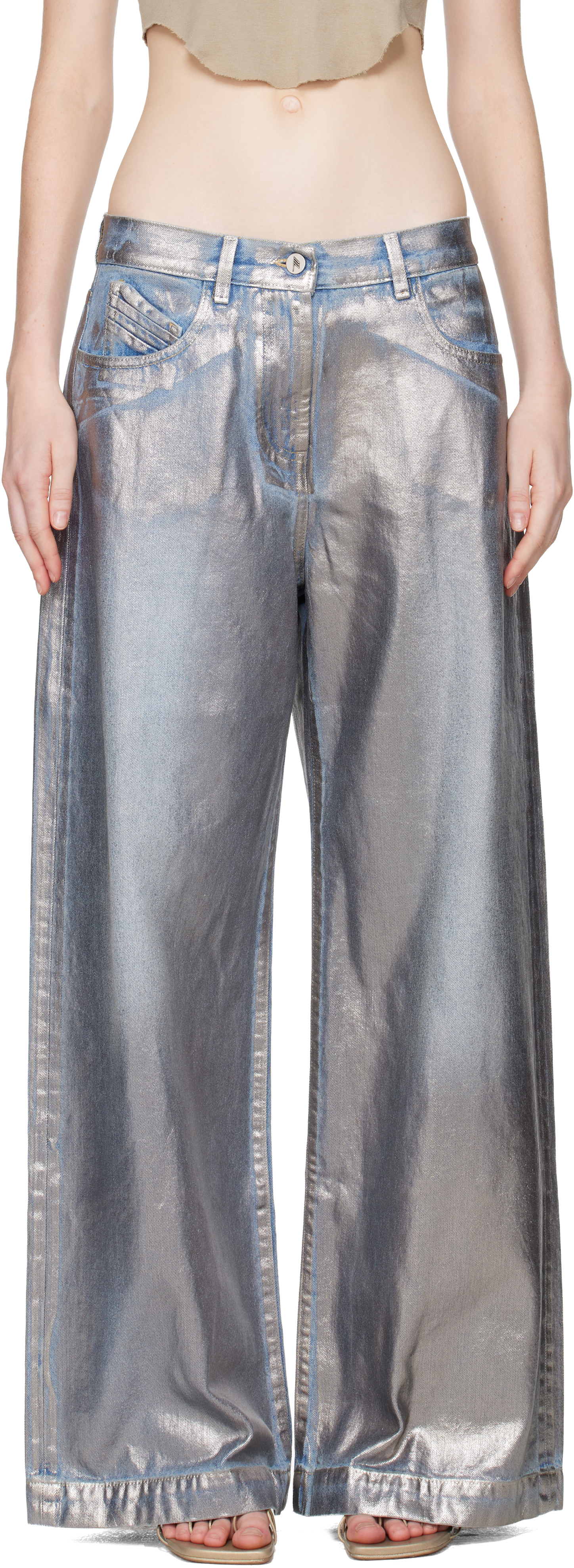 Attico Coated Non-stretch Jeans In Silver