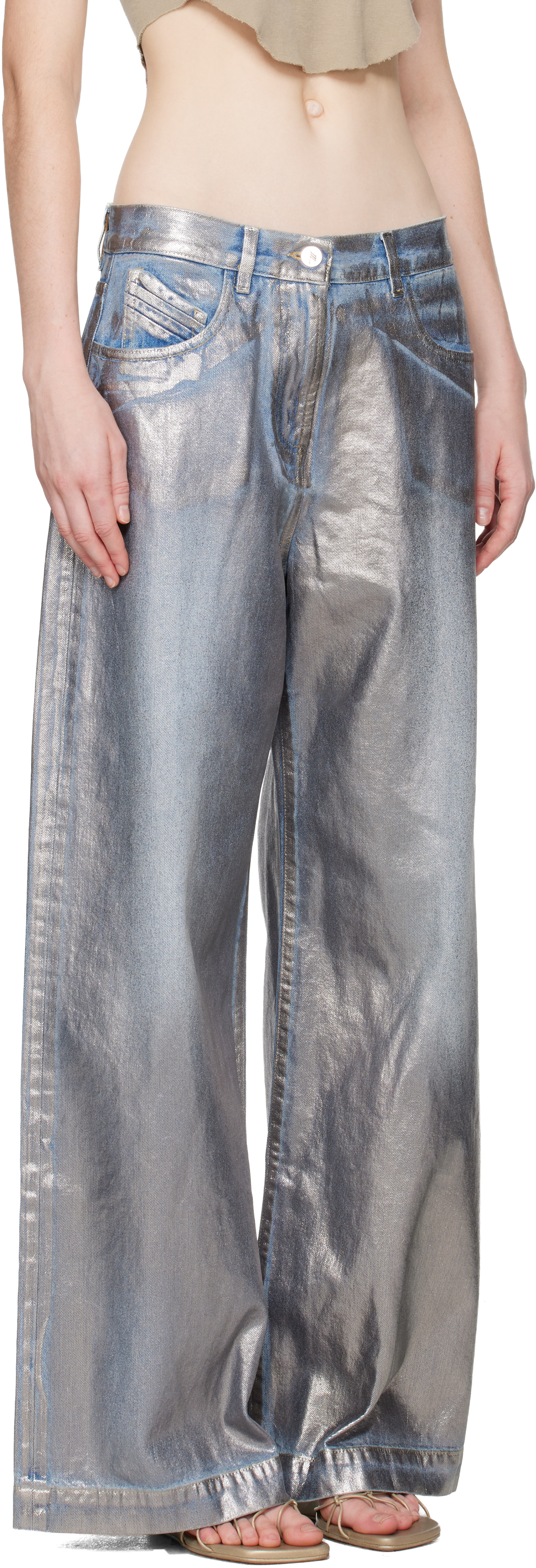 Attico Coated Non-stretch Jeans In Silver