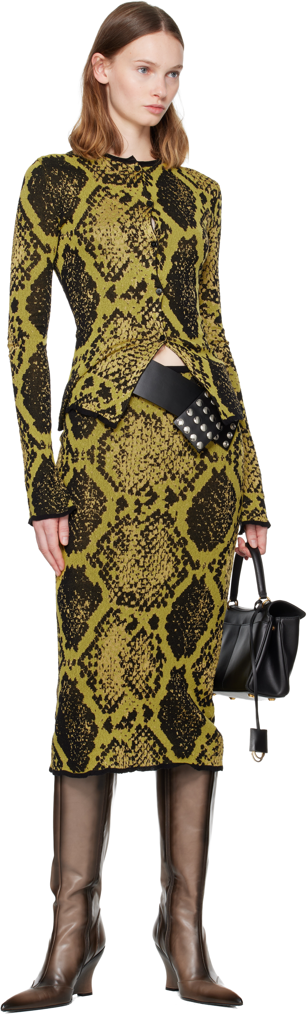 Attico Yellow & Black Jacquard Midi Skirt In Pink