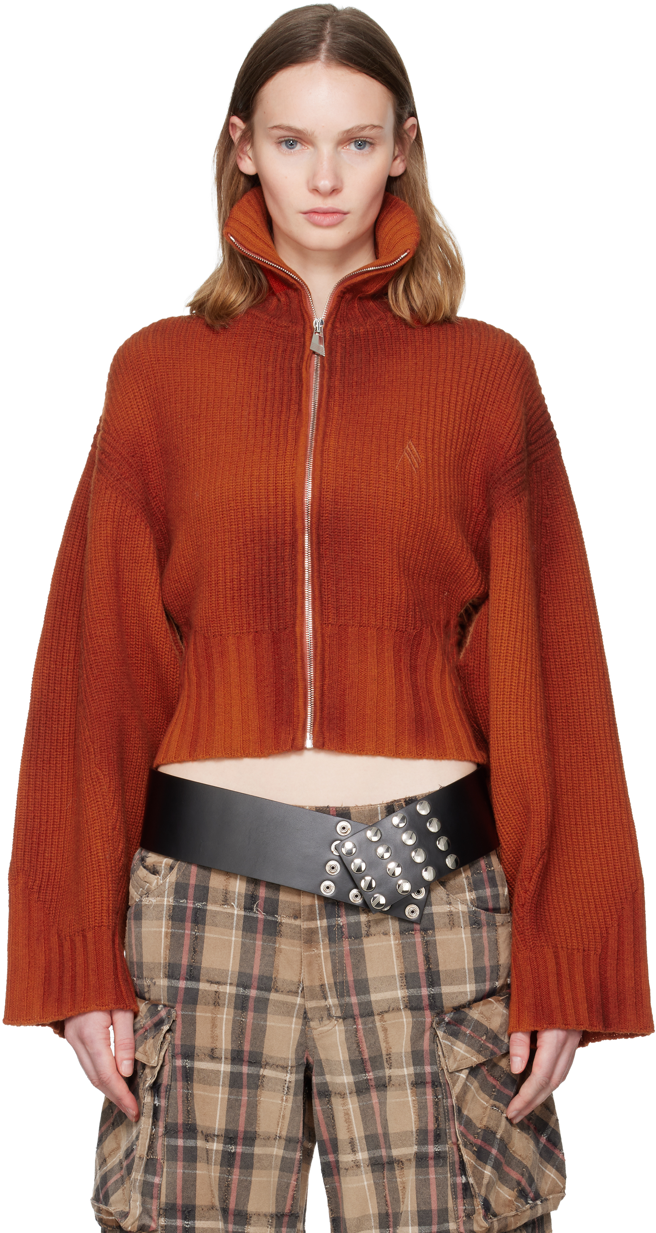 Attico Orange Sprayed Ribbed Wool Cashmere Cardigan In Brown