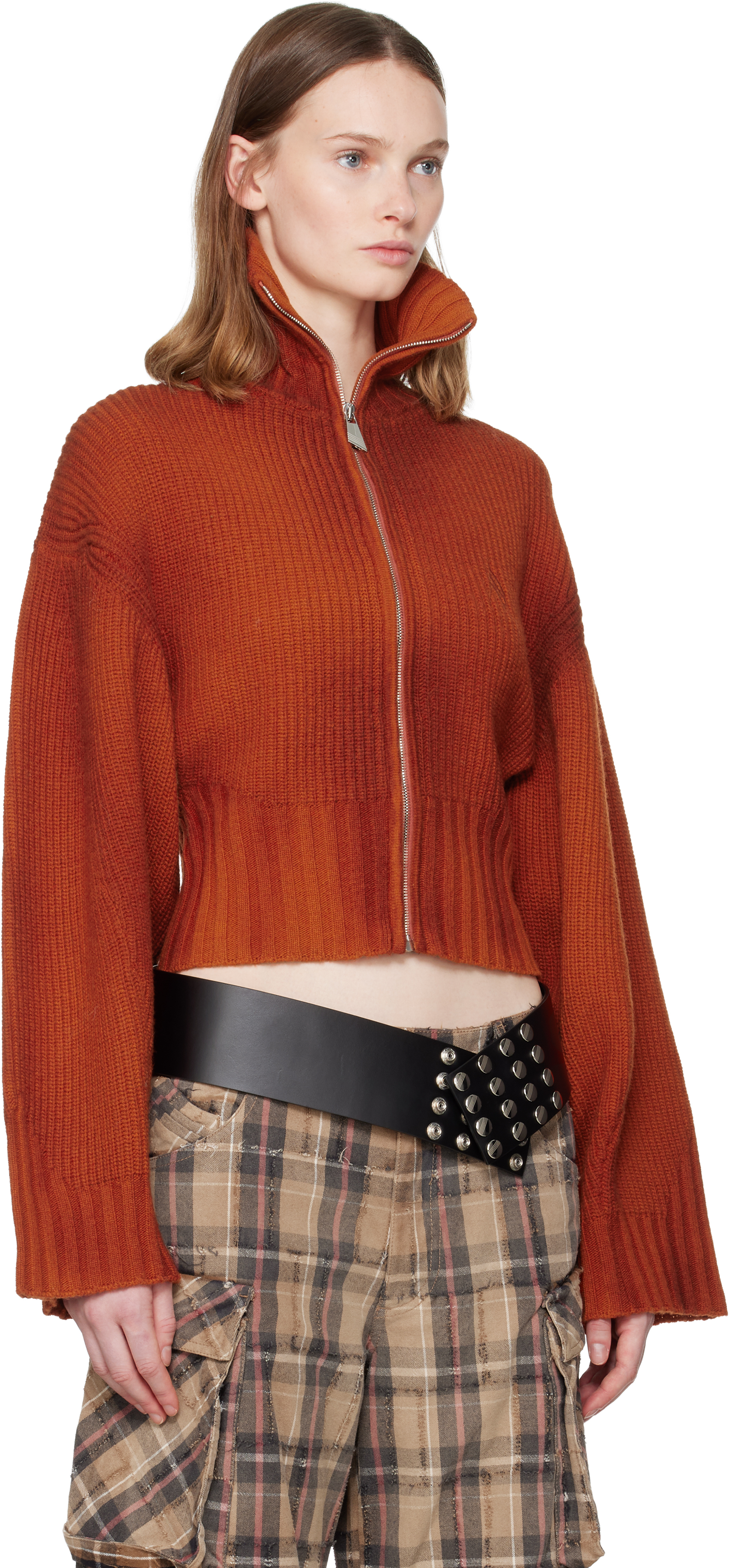 Attico Orange Sprayed Ribbed Wool Cashmere Cardigan In Brown