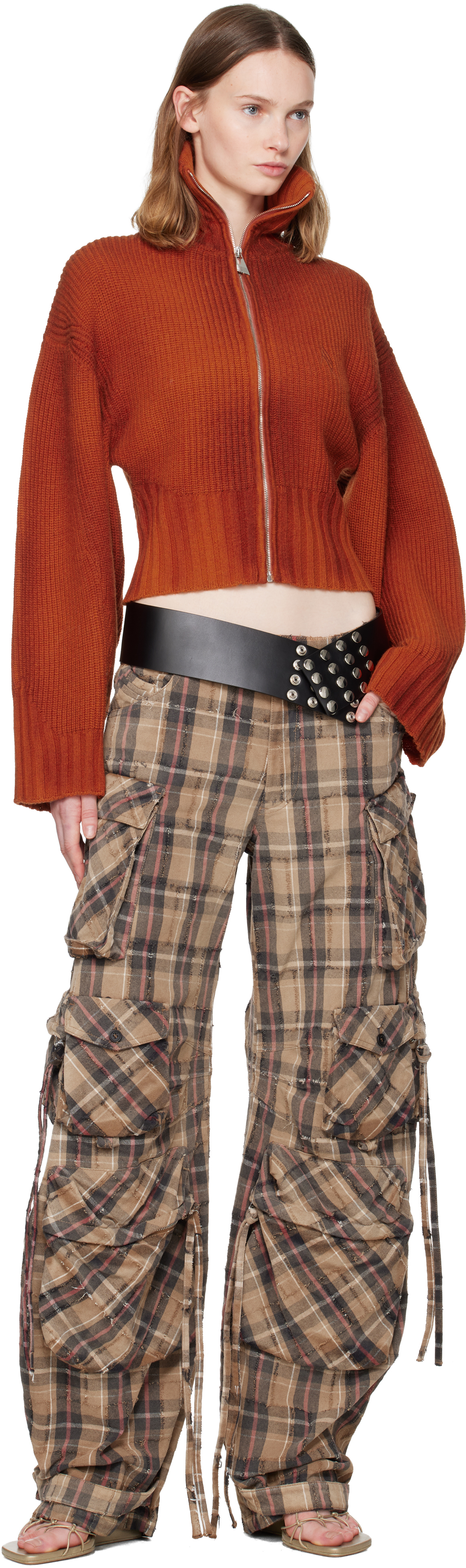 Attico Orange Sprayed Ribbed Wool Cashmere Cardigan In Brown