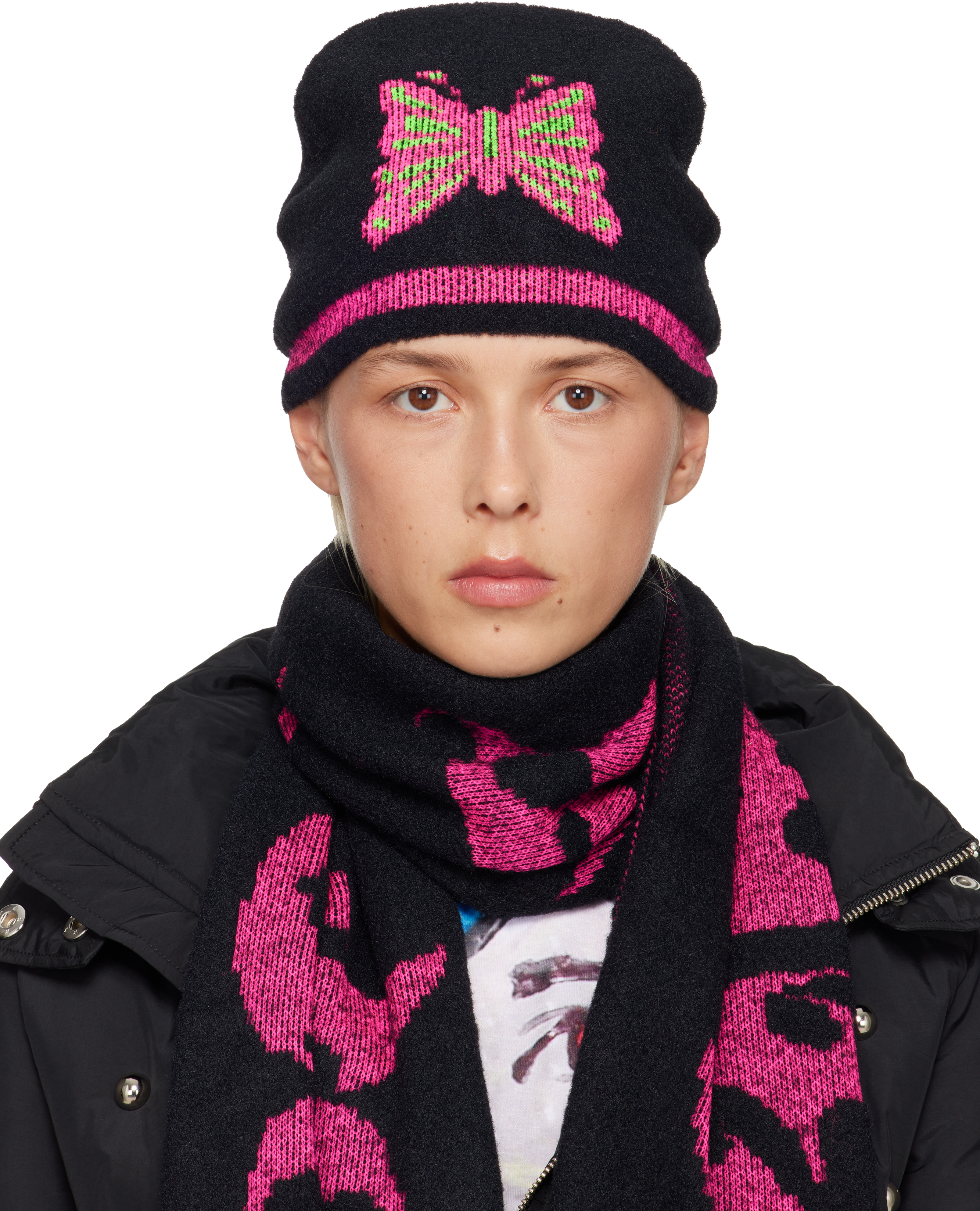 Chopova Lowena Black & Pink Cyber Butterfly Beanie In Black