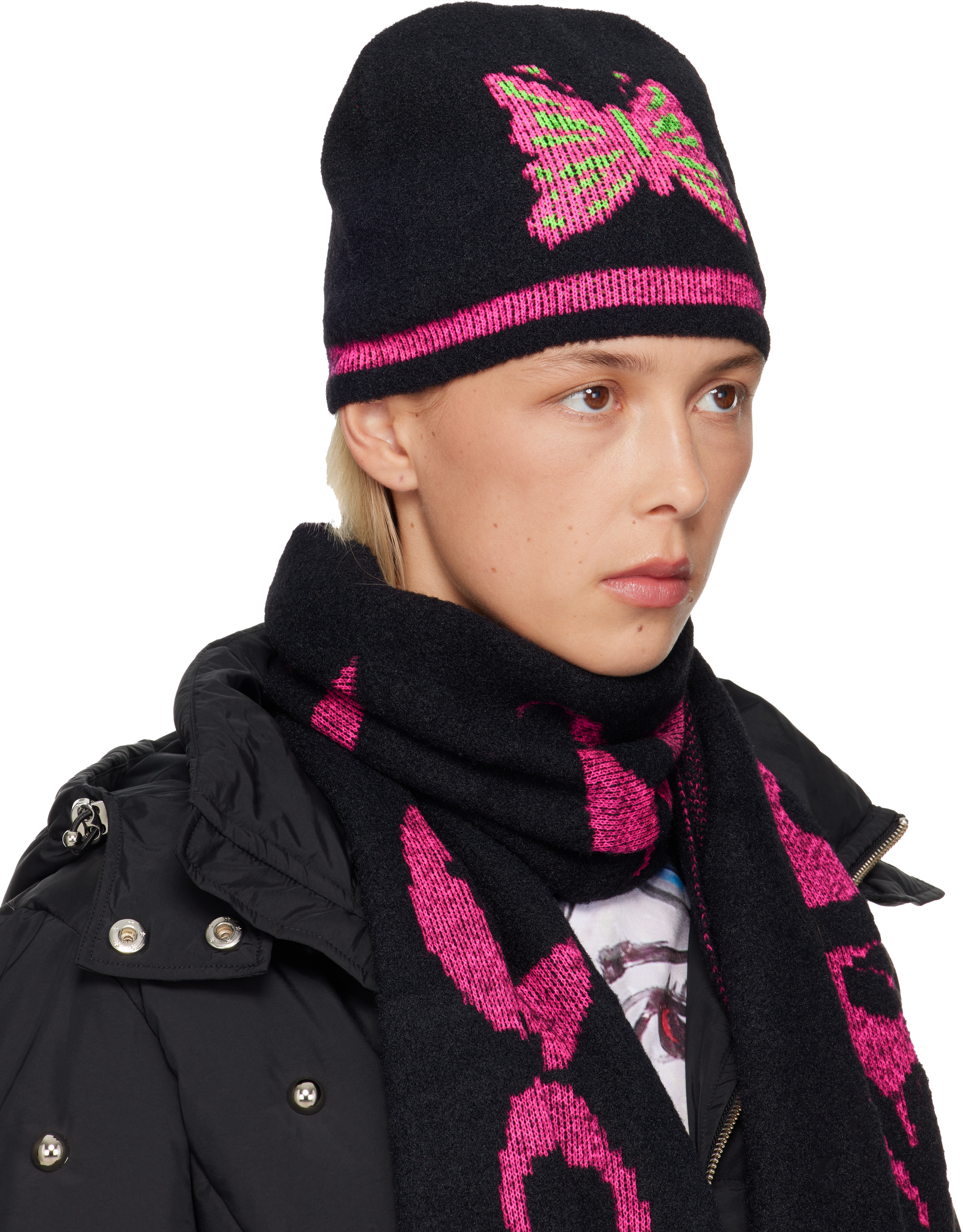 Chopova Lowena Black & Pink Cyber Butterfly Beanie In Black