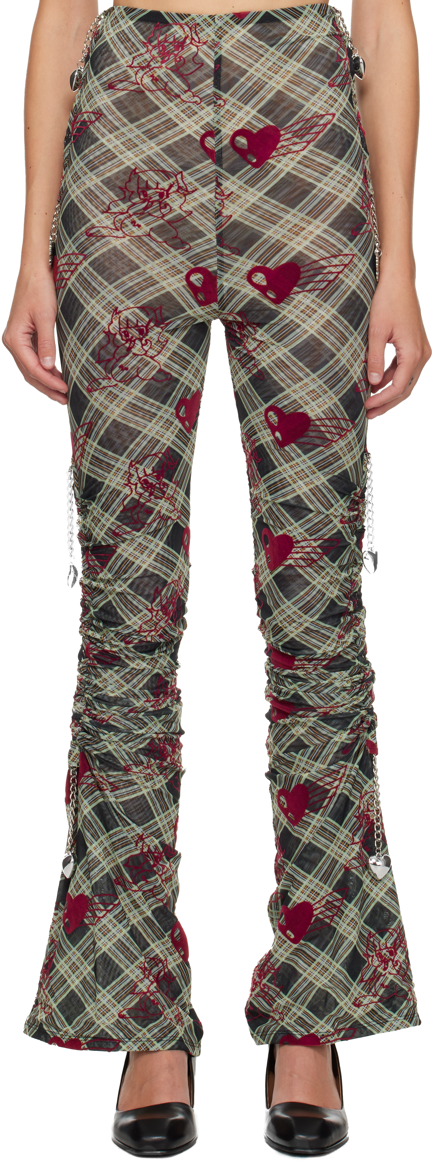 Chopova Lowena Sonicscape Plaid Flocked Mesh Leggings In Multi