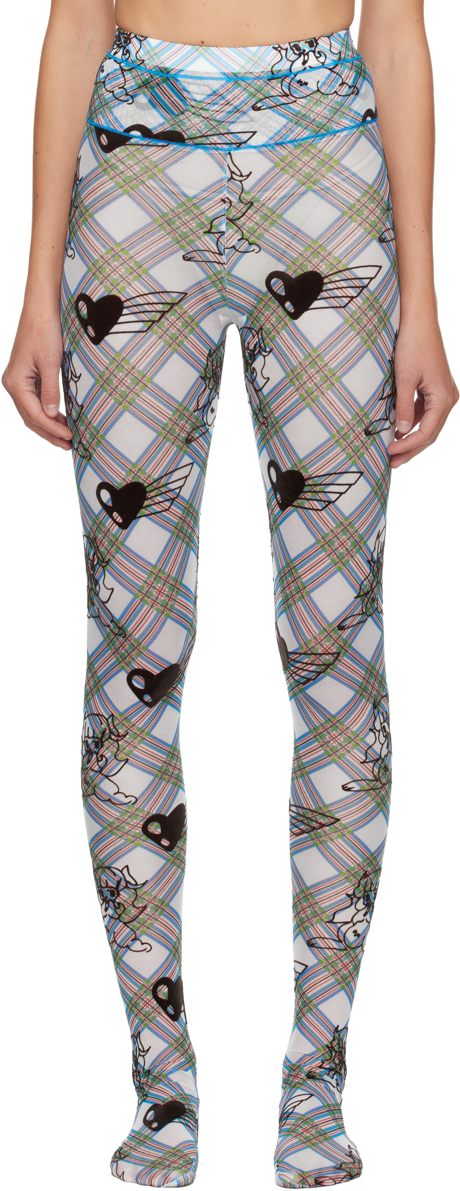 Chopova Lowena Blue & White Bunny Girl Argyle Mesh Leggings In Animal Print