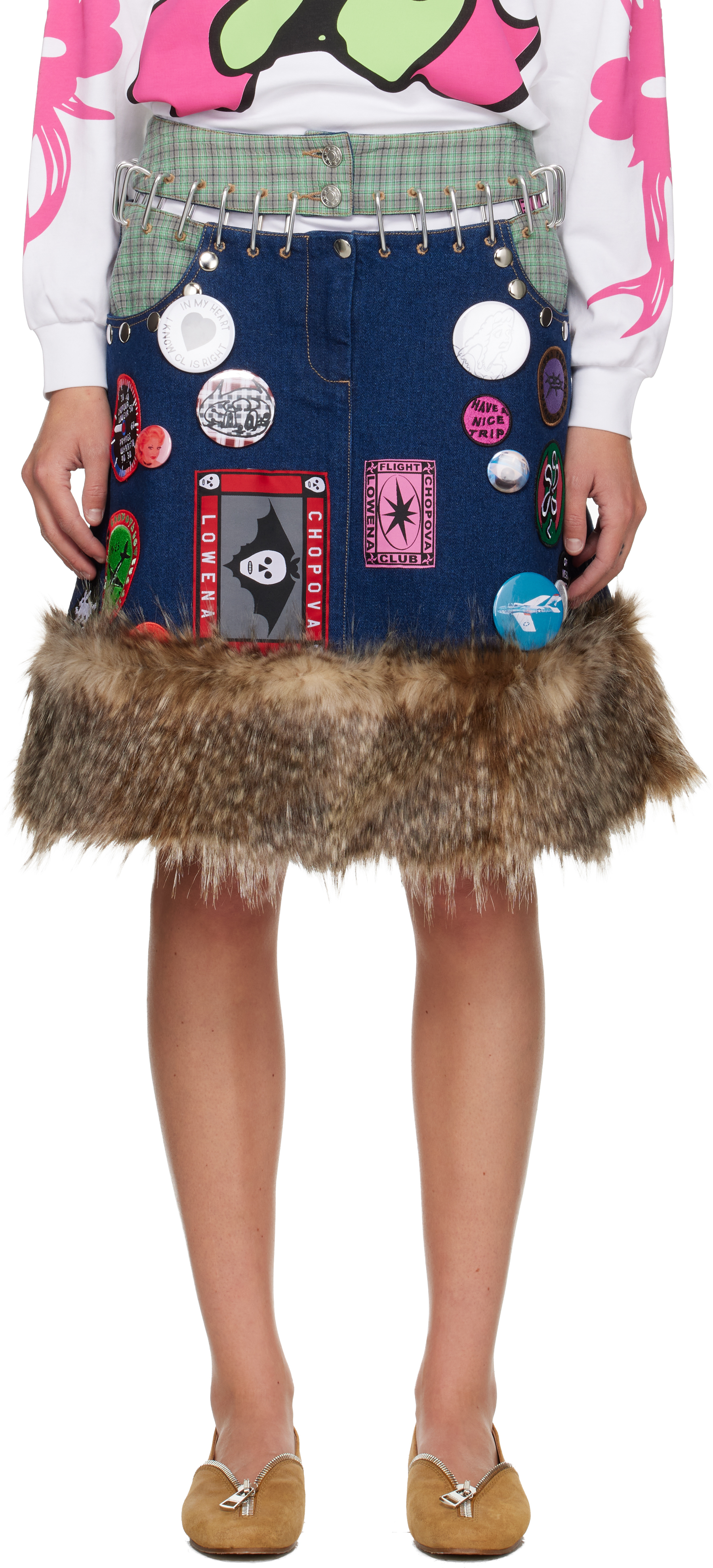 Chopova Lowena Navy & Beige Kram Knee Denim Miniskirt In Blue