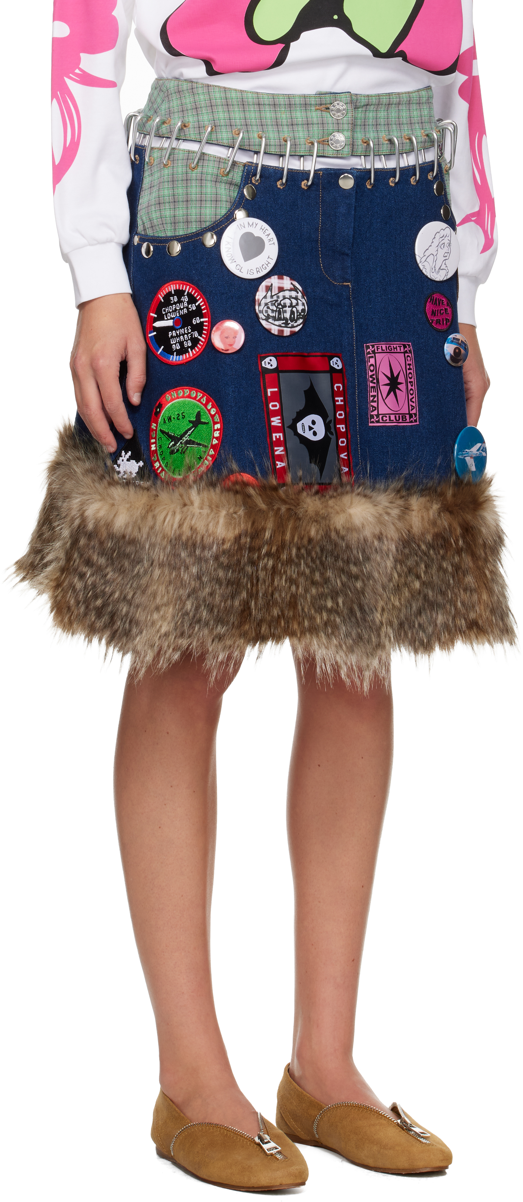 Chopova Lowena Navy & Beige Kram Knee Denim Miniskirt In Blue