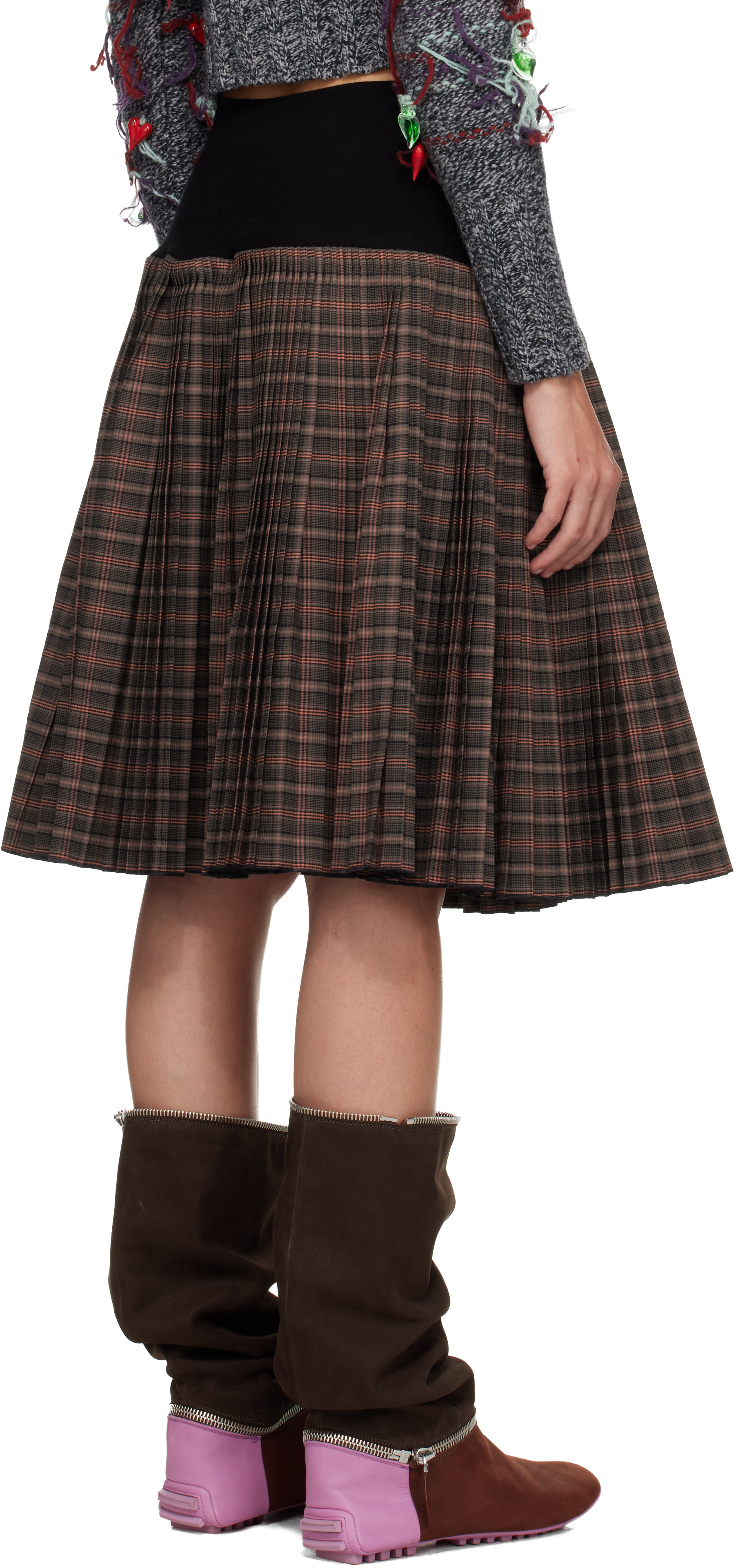 Chopova Lowena Brown Fret Black Knitted Pleated Knee Midi Skirt In Brown