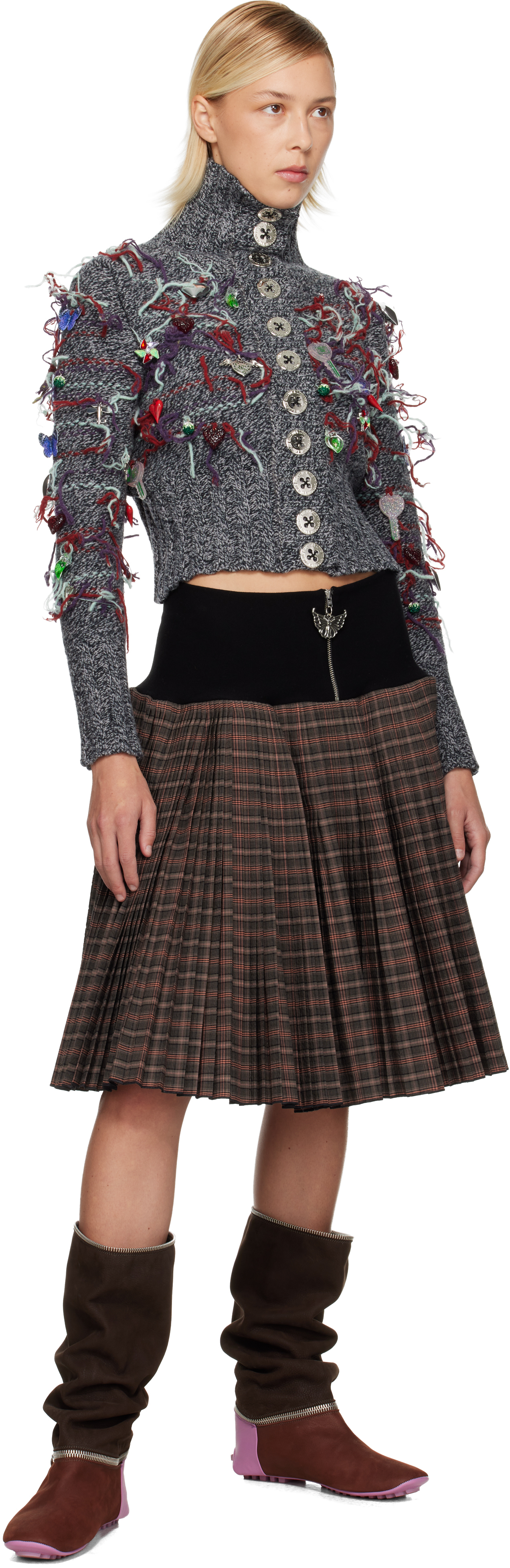 Chopova Lowena Brown Fret Black Knitted Pleated Knee Midi Skirt In Brown