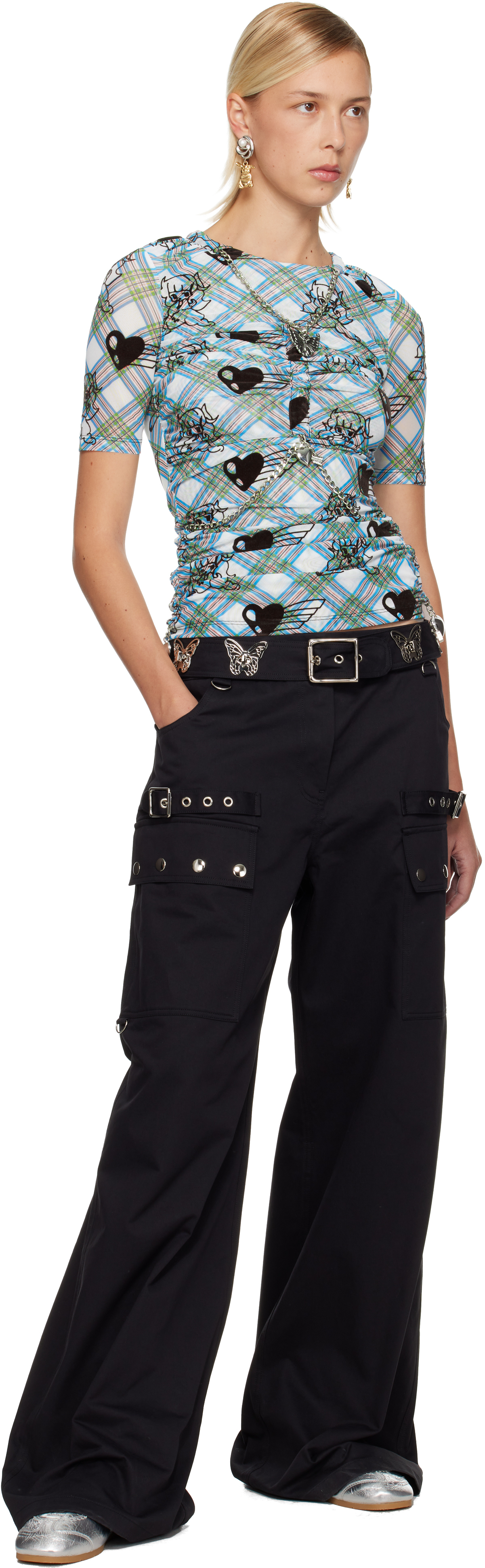 Chopova Lowena Blue & White Sonicscape Mesh Short Sleeve T-shirt In Blue