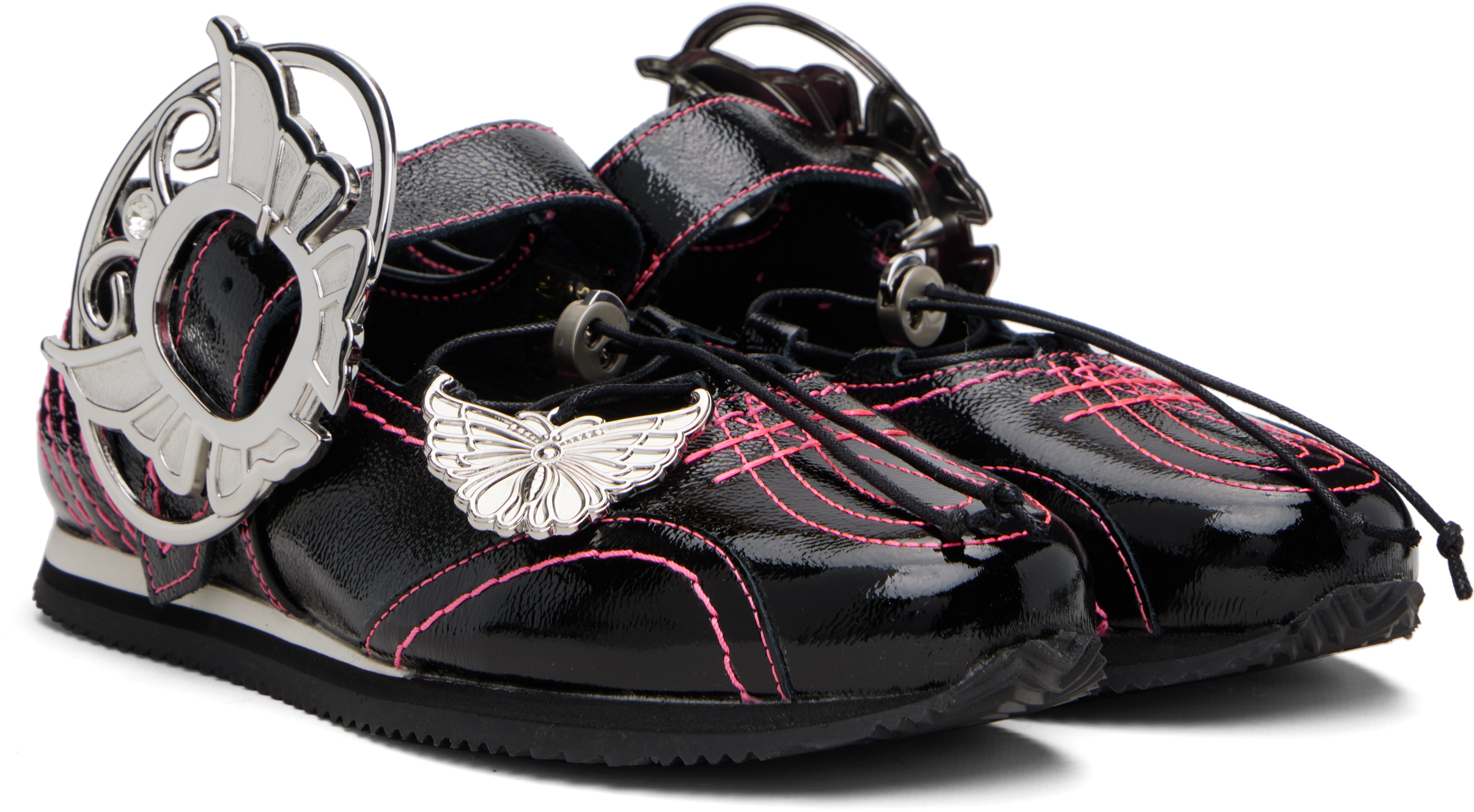 Chopova Lowena Black & Pink Butterfly Marta Mary Jane Ballerina Flats