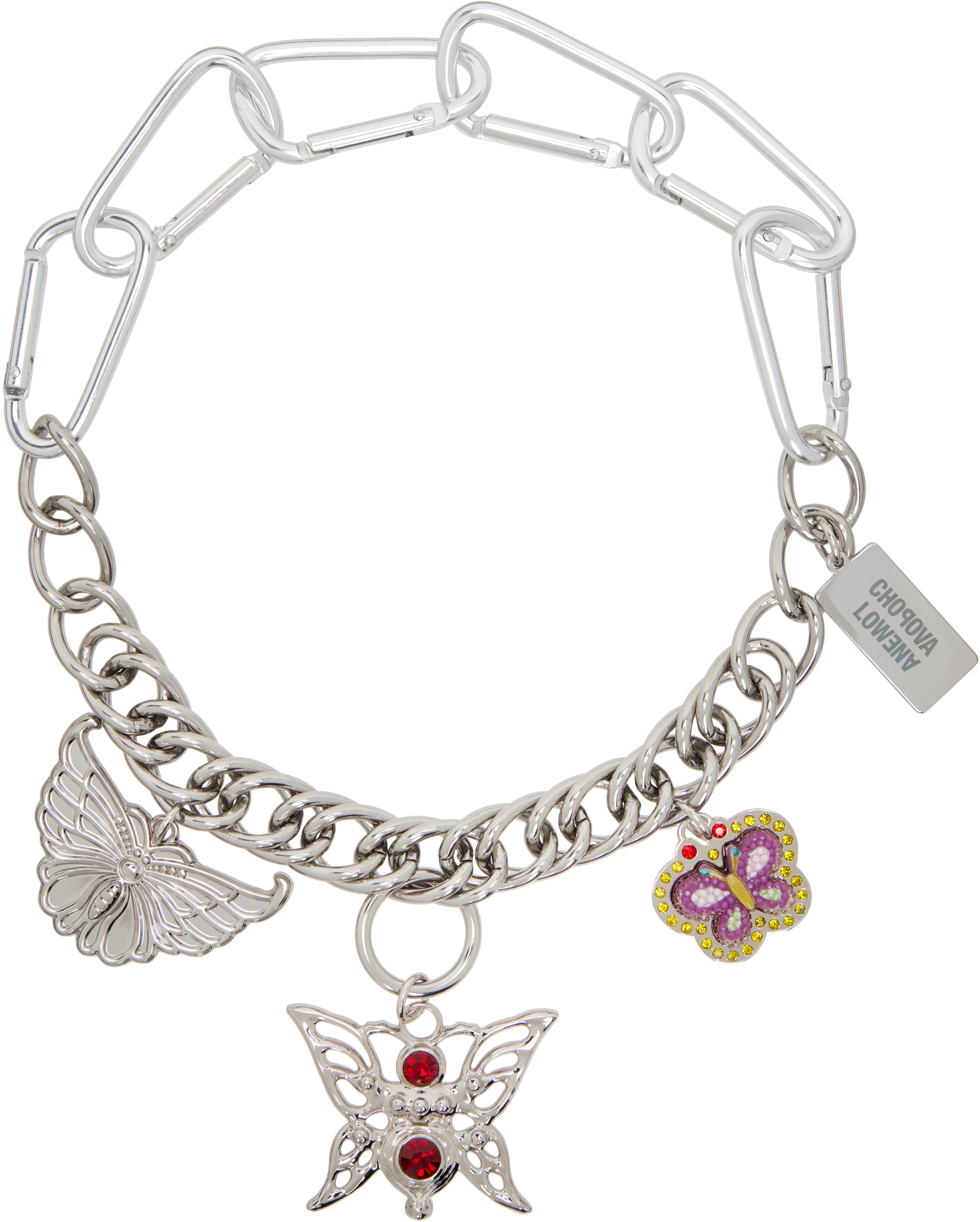 Chopova Lowena Three Butterflies Carabiner Necklace In Silver